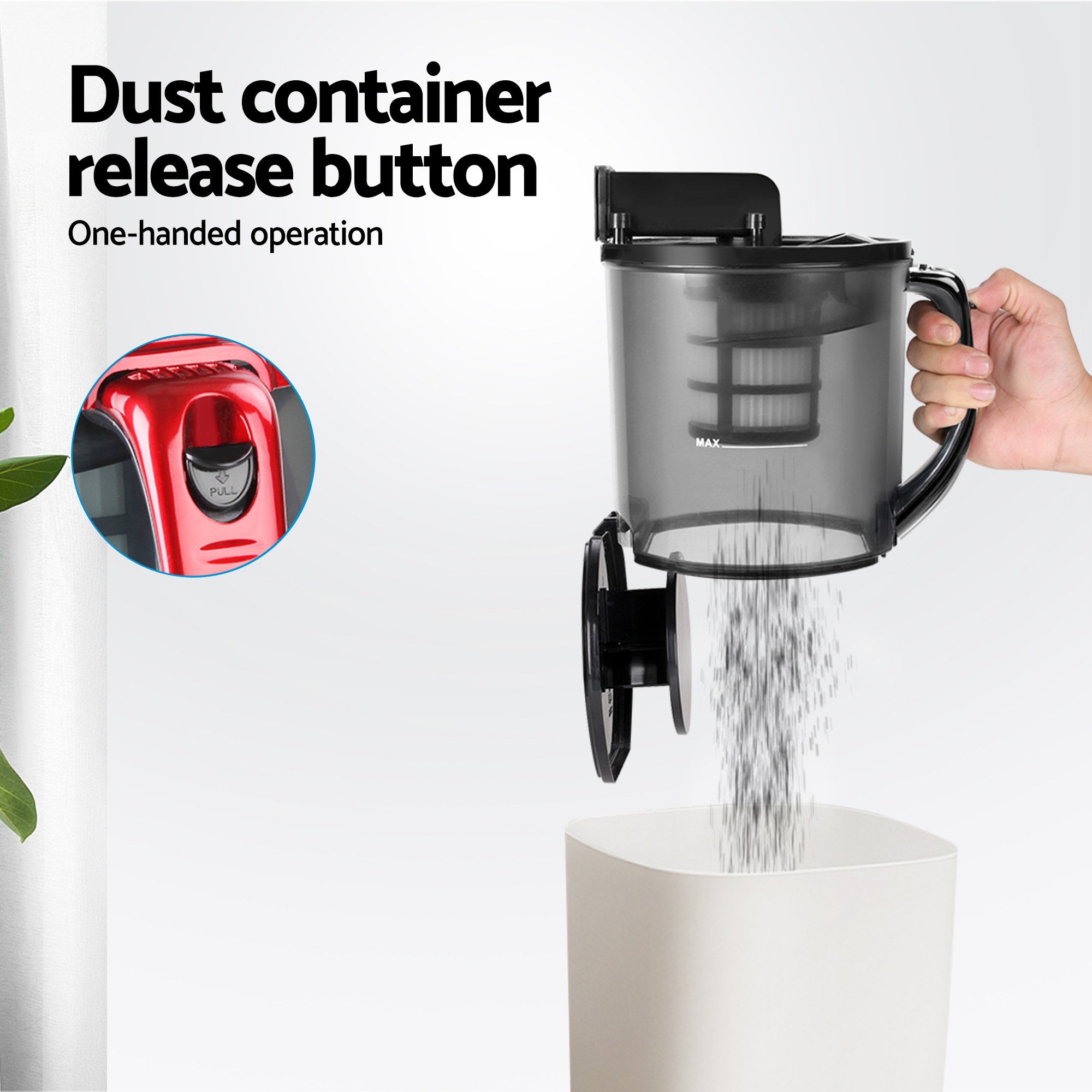 Red vacuum dust container with release handle and transparent bin