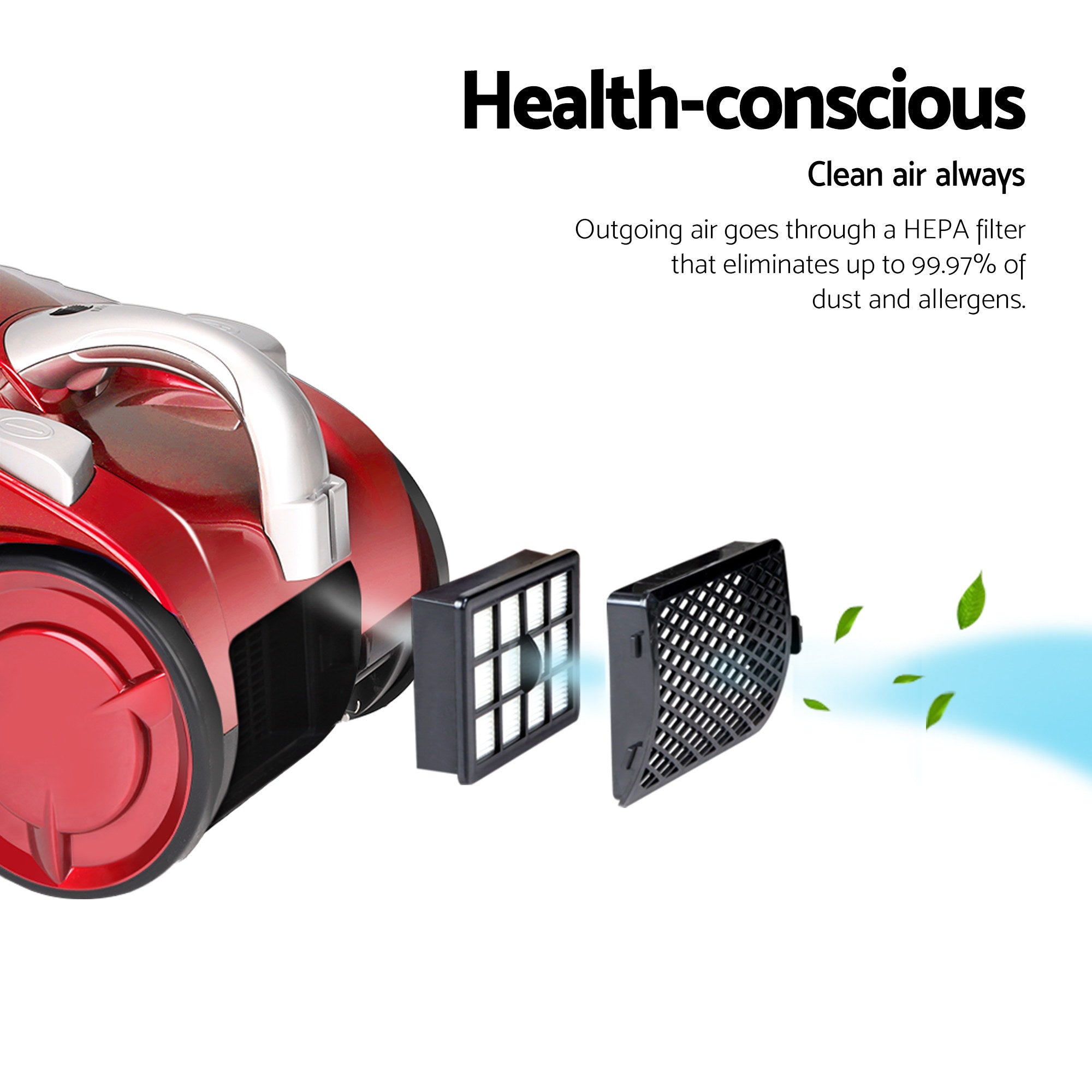 Red vacuum cleaner with removable filter covers and intake grille for clean air