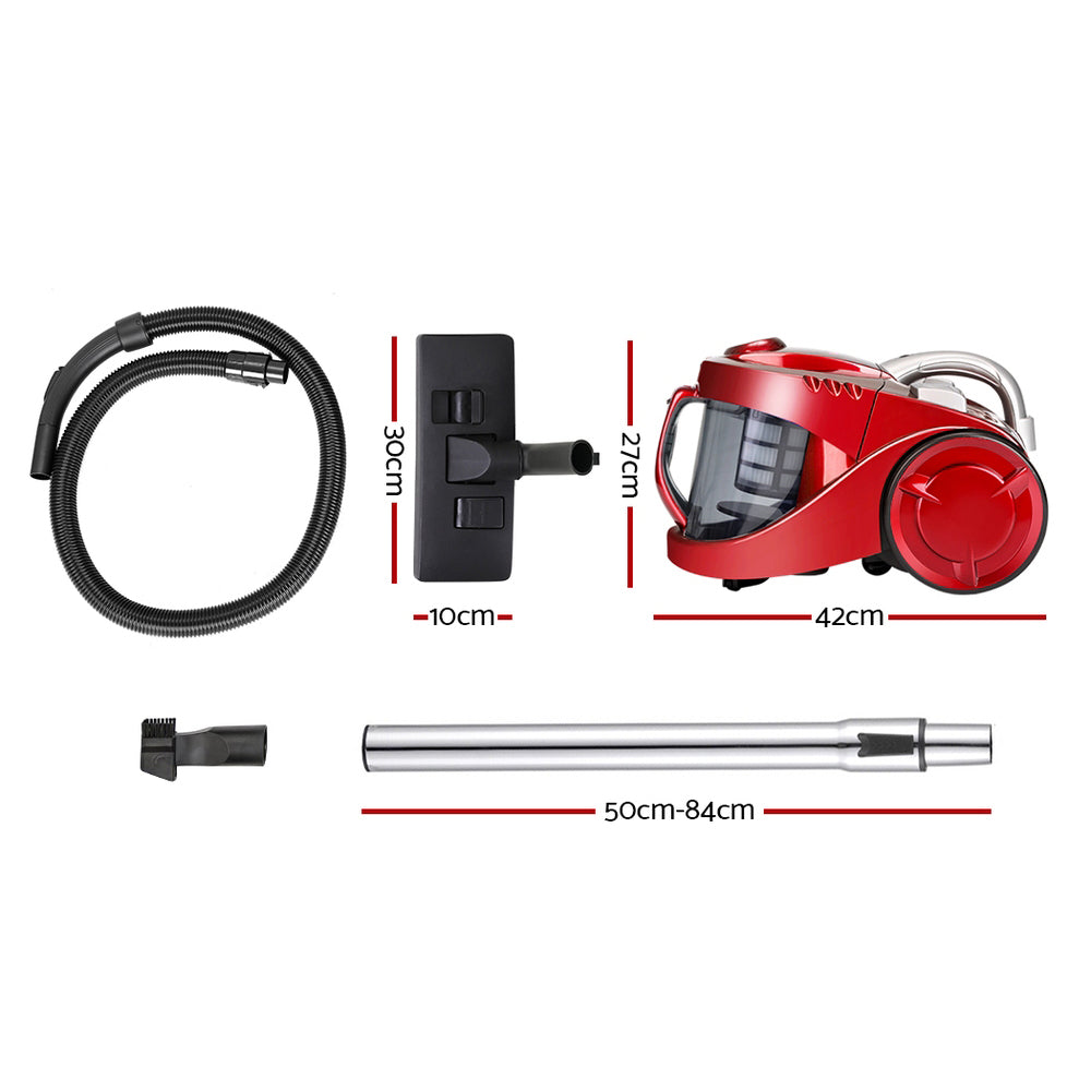 Red bagless vacuum cleaner kit shown with hose, wand, and floor nozzle parts