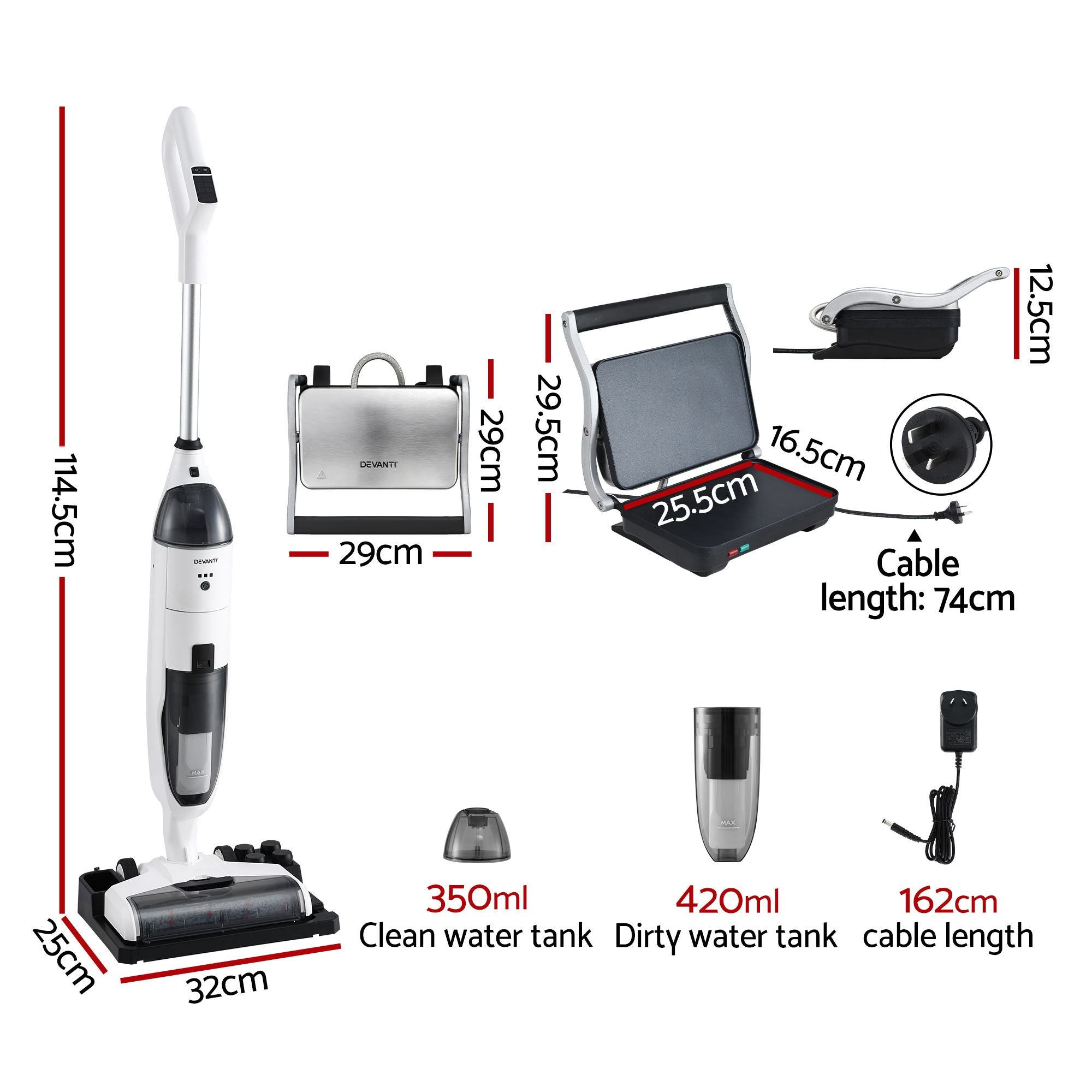 Devanti Cordless Wet Dry Vacuum Mop plus Sandwich Maker Panini Press Bedworld