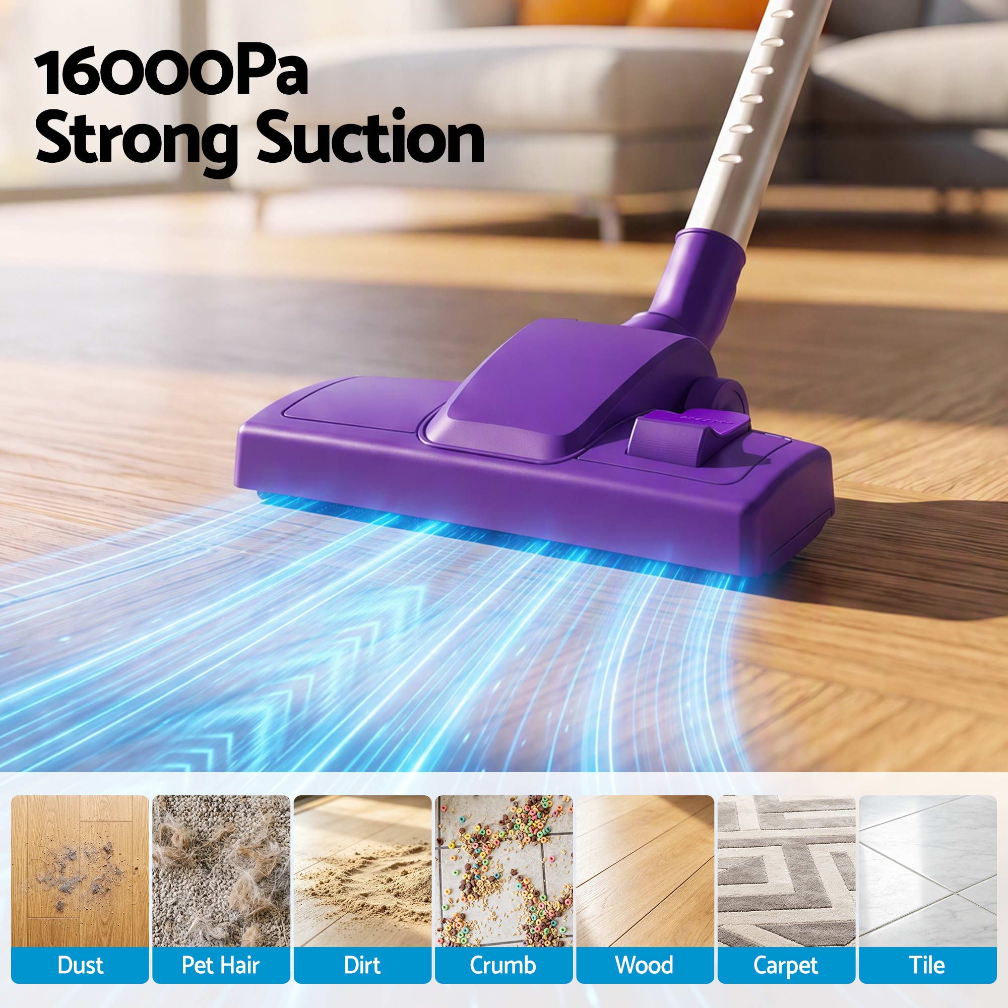 Devanti 3-in-1 Corded Stick Vacuum Cleaner, 16000Pa Strong Suction, Purple Bedworld