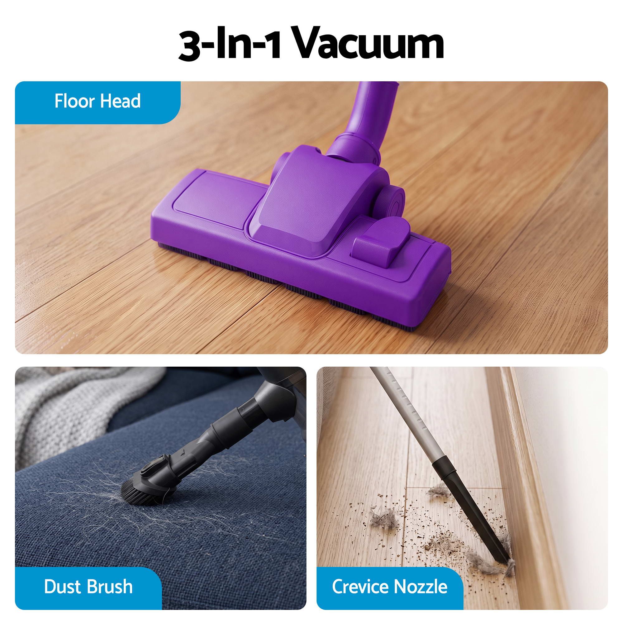 Devanti 3-in-1 Corded Stick Vacuum Cleaner, 16000Pa Strong Suction, Purple Bedworld