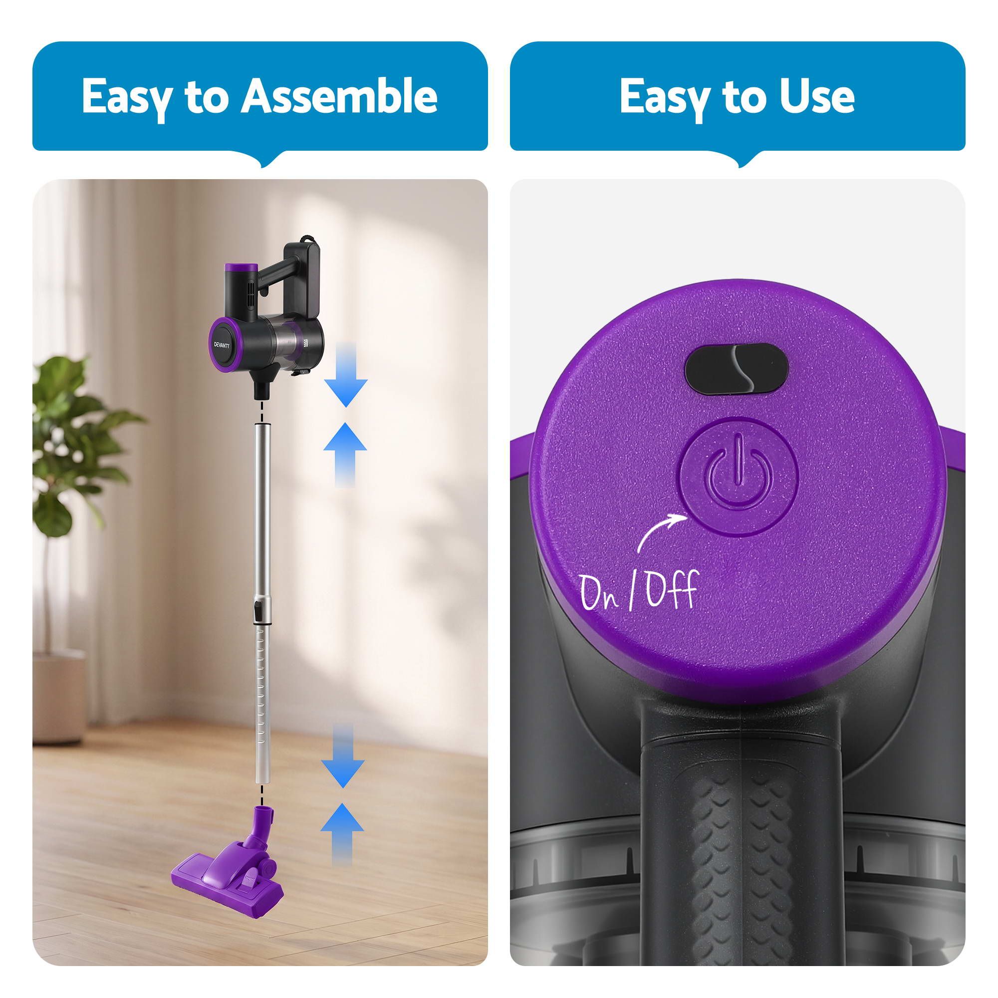 Devanti 3-in-1 Corded Stick Vacuum Cleaner, 16000Pa Strong Suction, Purple Bedworld