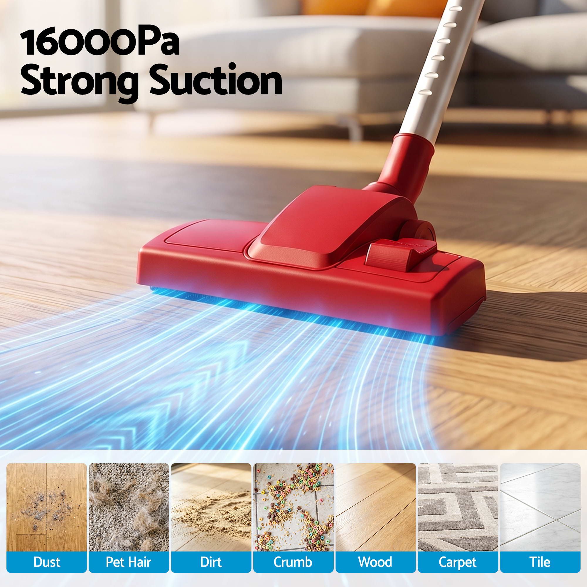 Devanti 3-in-1 Corded Stick Vacuum Cleaner, 16000Pa Strong Suction, Red Bedworld