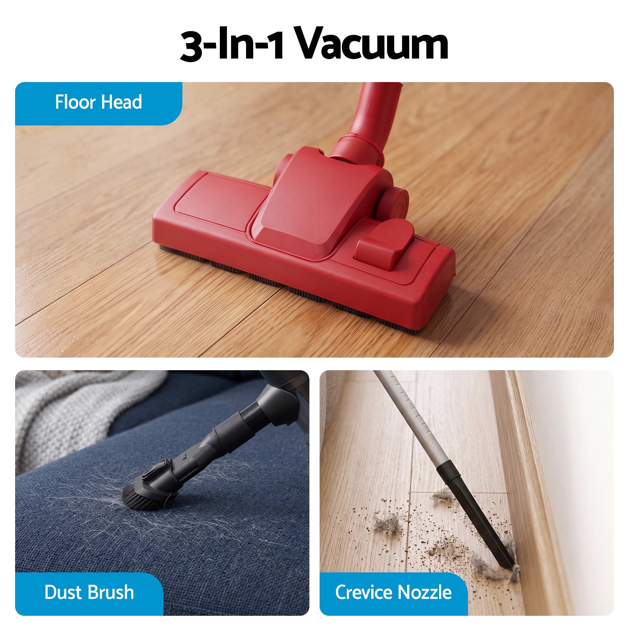 Devanti 3-in-1 Corded Stick Vacuum Cleaner, 16000Pa Strong Suction, Red Bedworld