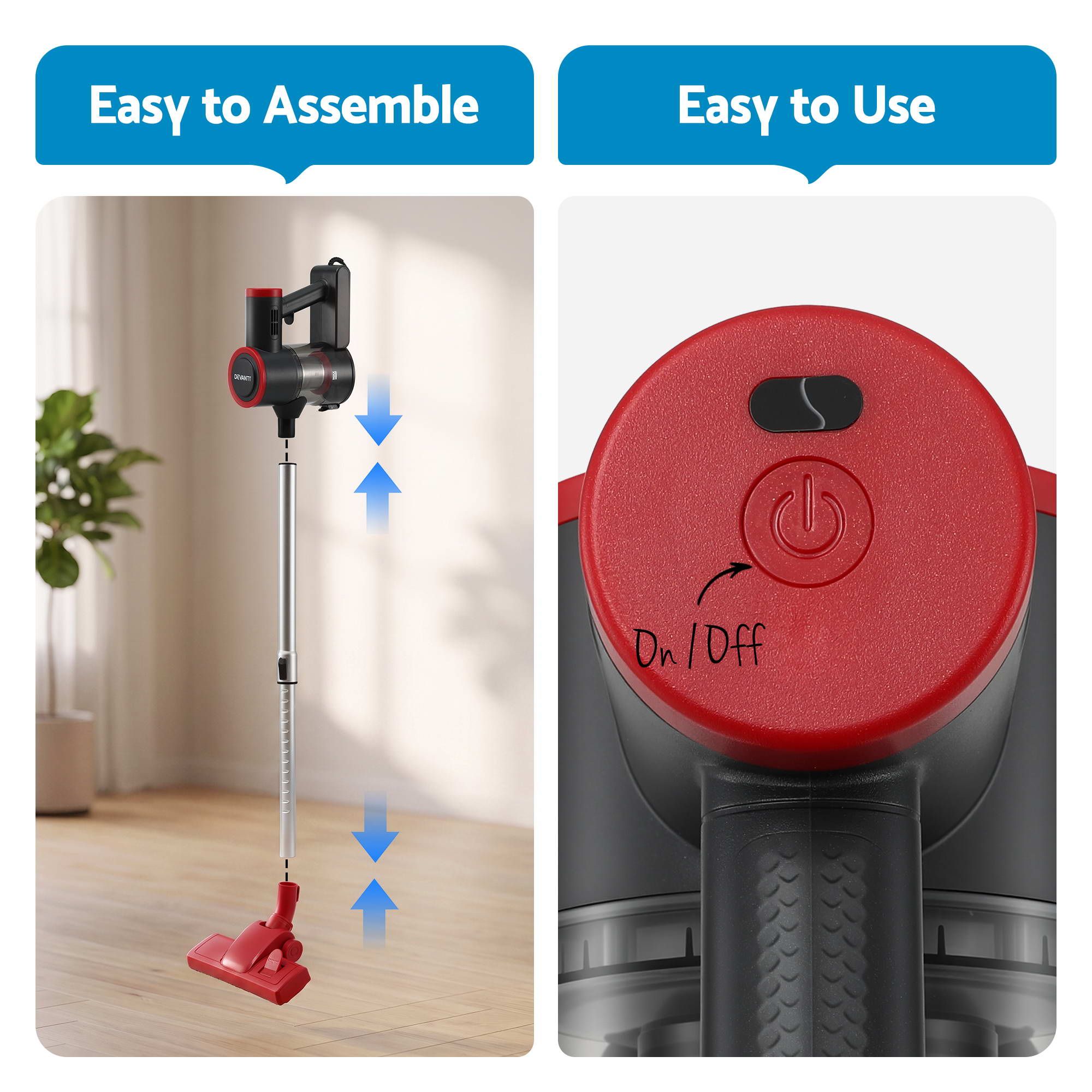 Devanti 3-in-1 Corded Stick Vacuum Cleaner, 16000Pa Strong Suction, Red Bedworld