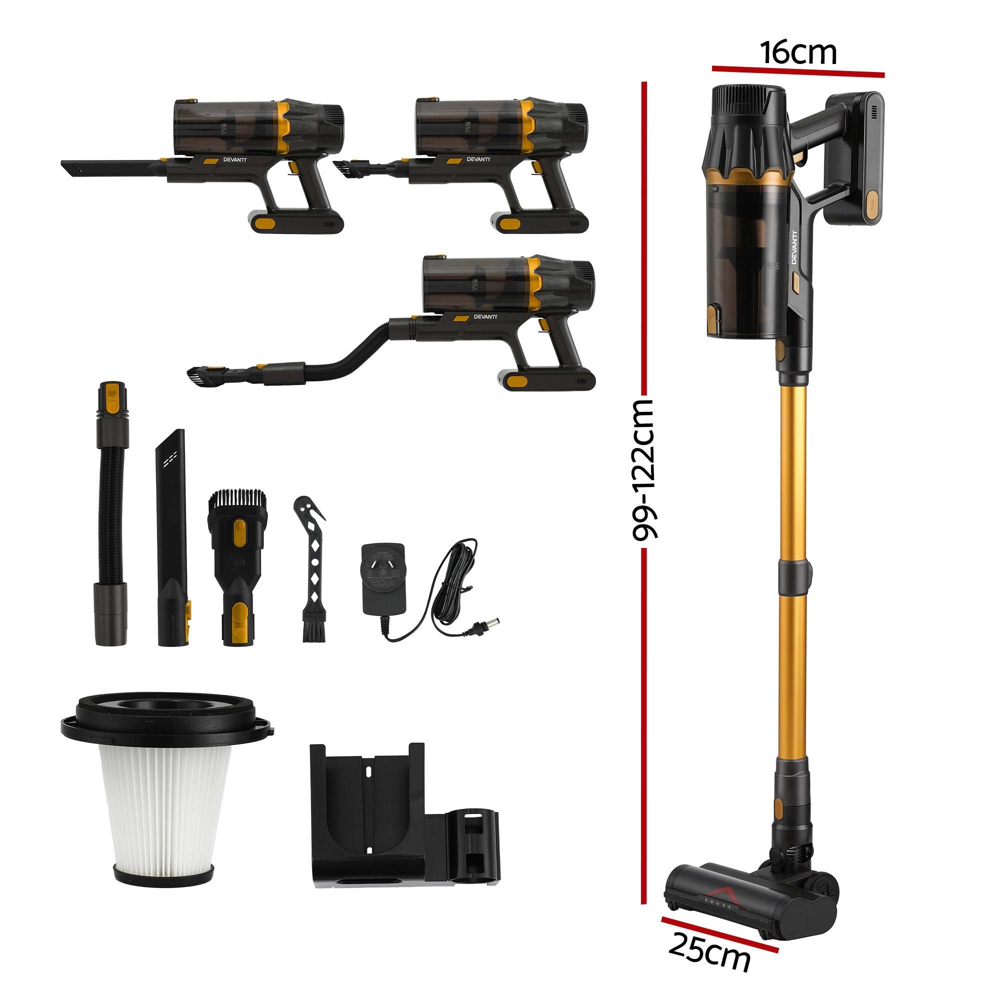 DEVANTI 30000Pa Cordless Stick Vacuum Cleaner 4-in-1 Handheld Vac, Gold Bedworld