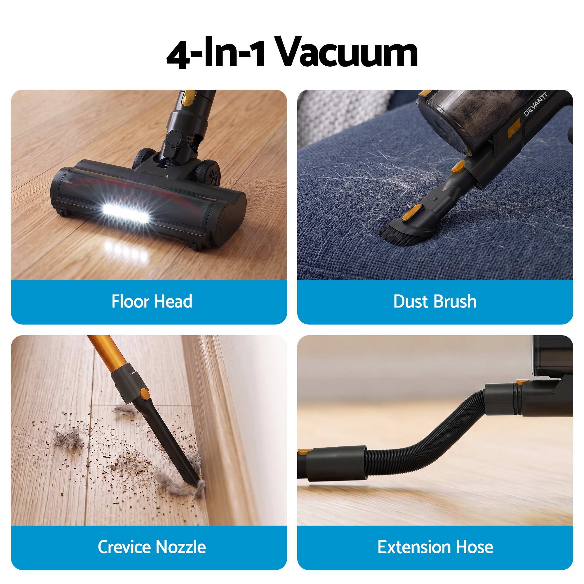 DEVANTI 30000Pa Cordless Stick Vacuum Cleaner 4-in-1 Handheld Vac, Gold Bedworld