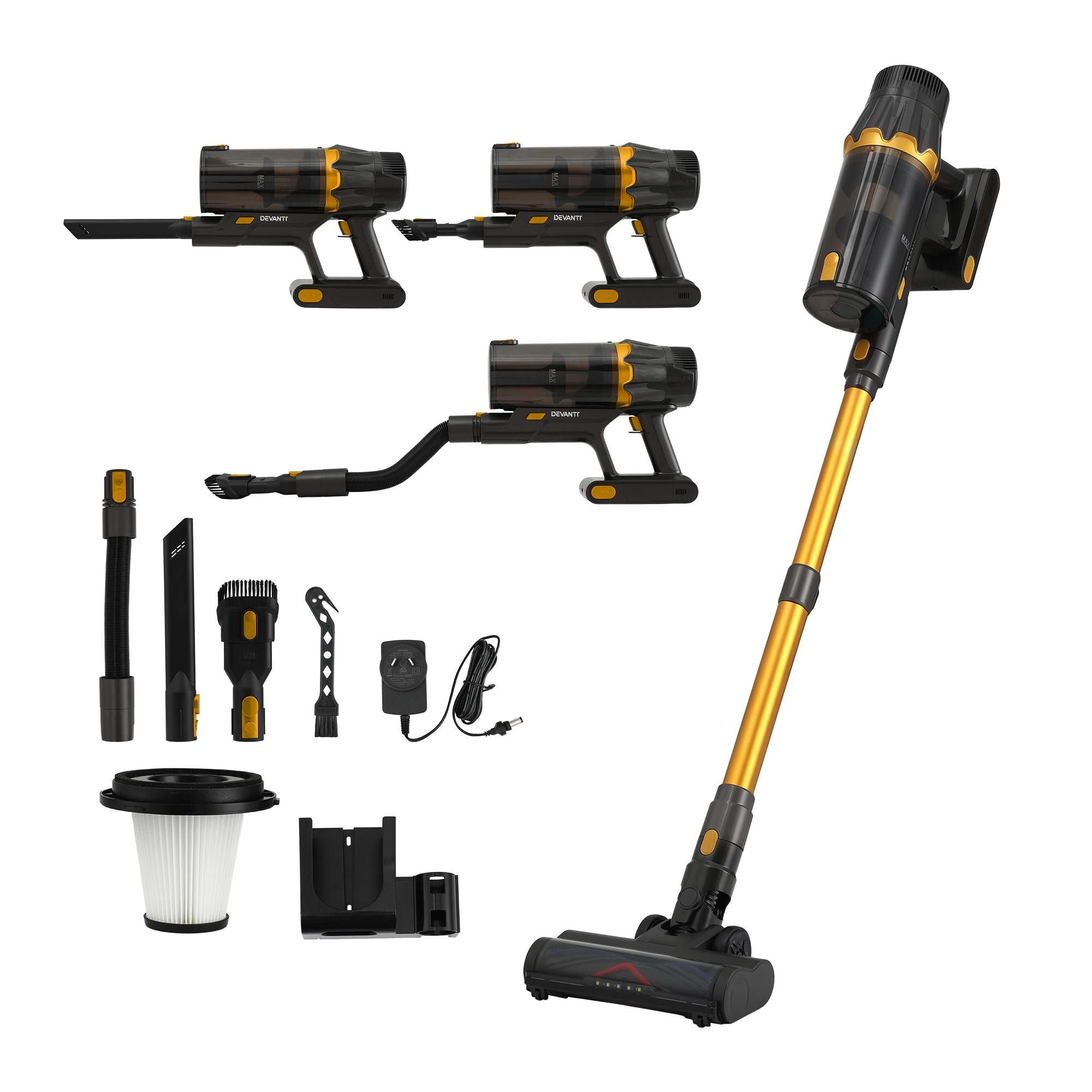 DEVANTI 30000Pa Cordless Stick Vacuum Cleaner 4-in-1 Handheld Vac, Gold Bedworld