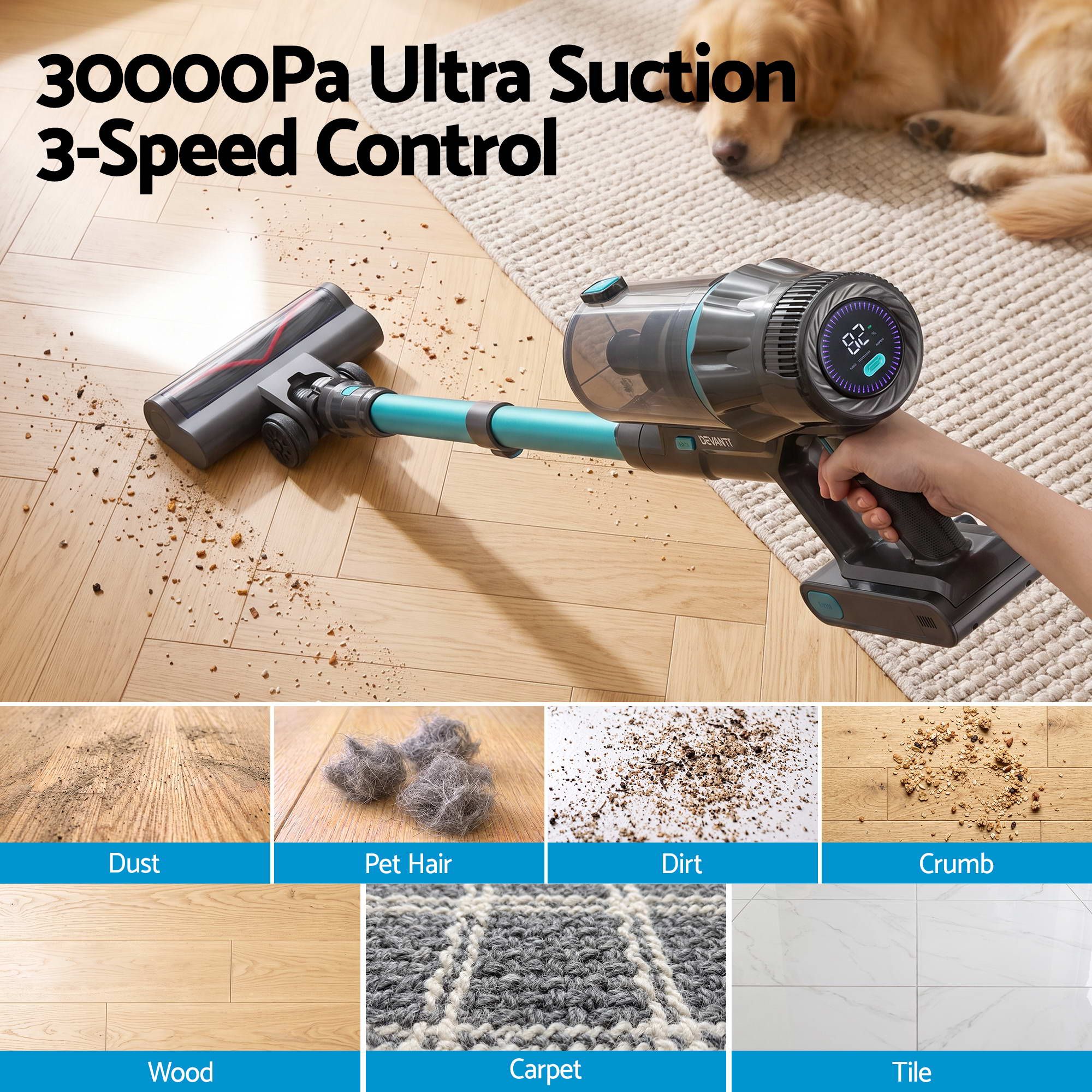 DEVANTI 30000Pa Cordless Stick Vacuum Cleaner 4-in-1 Handheld Vac, Green Bedworld