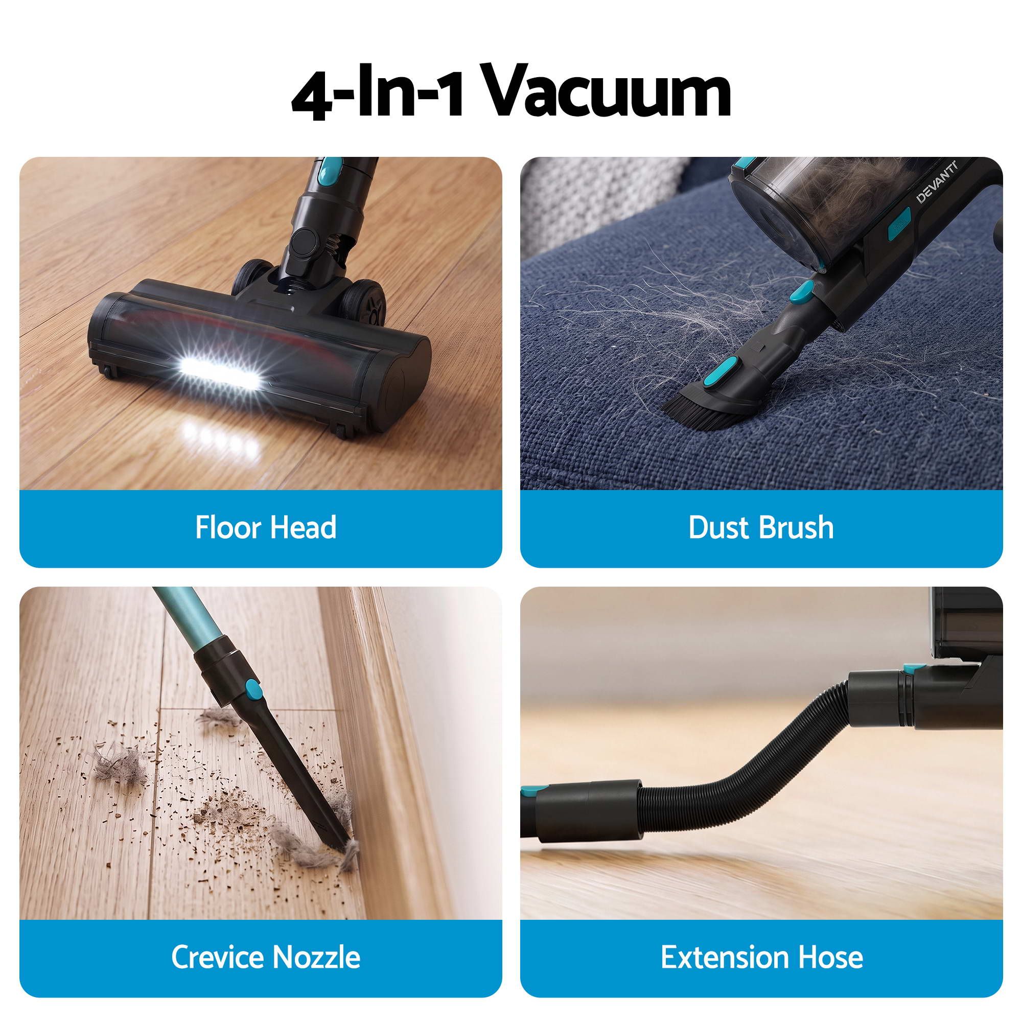 DEVANTI 30000Pa Cordless Stick Vacuum Cleaner 4-in-1 Handheld Vac, Green Bedworld