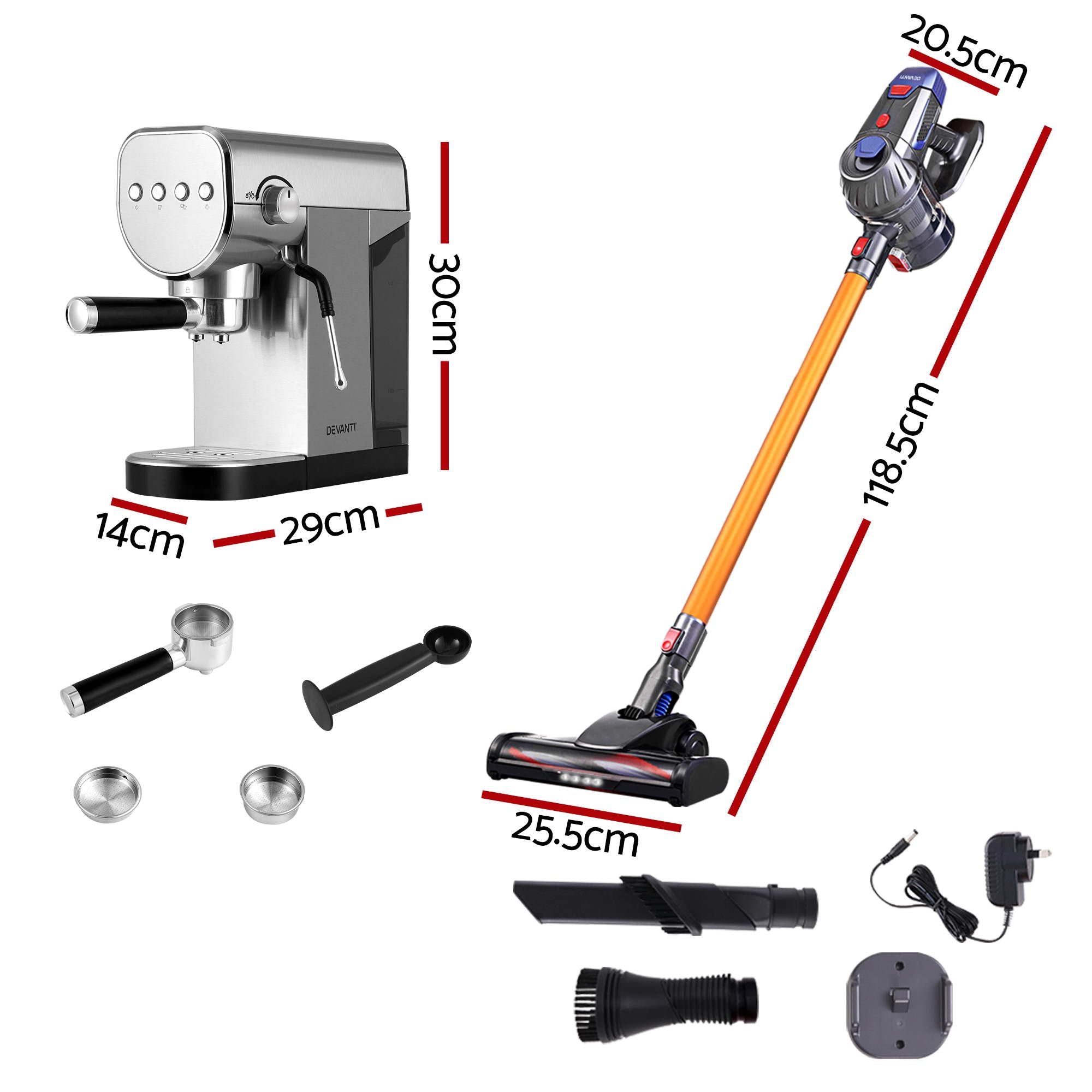 Devanti K7 Cordless Stick Vacuum Cleaner plus Coffee Maker Machine Espresso Bedworld