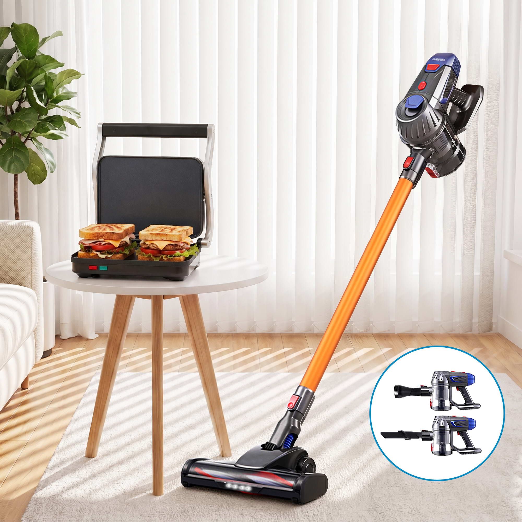 Devanti K7 Cordless Stick Vacuum Cleaner plus Sandwich Maker Panini Press Bedworld