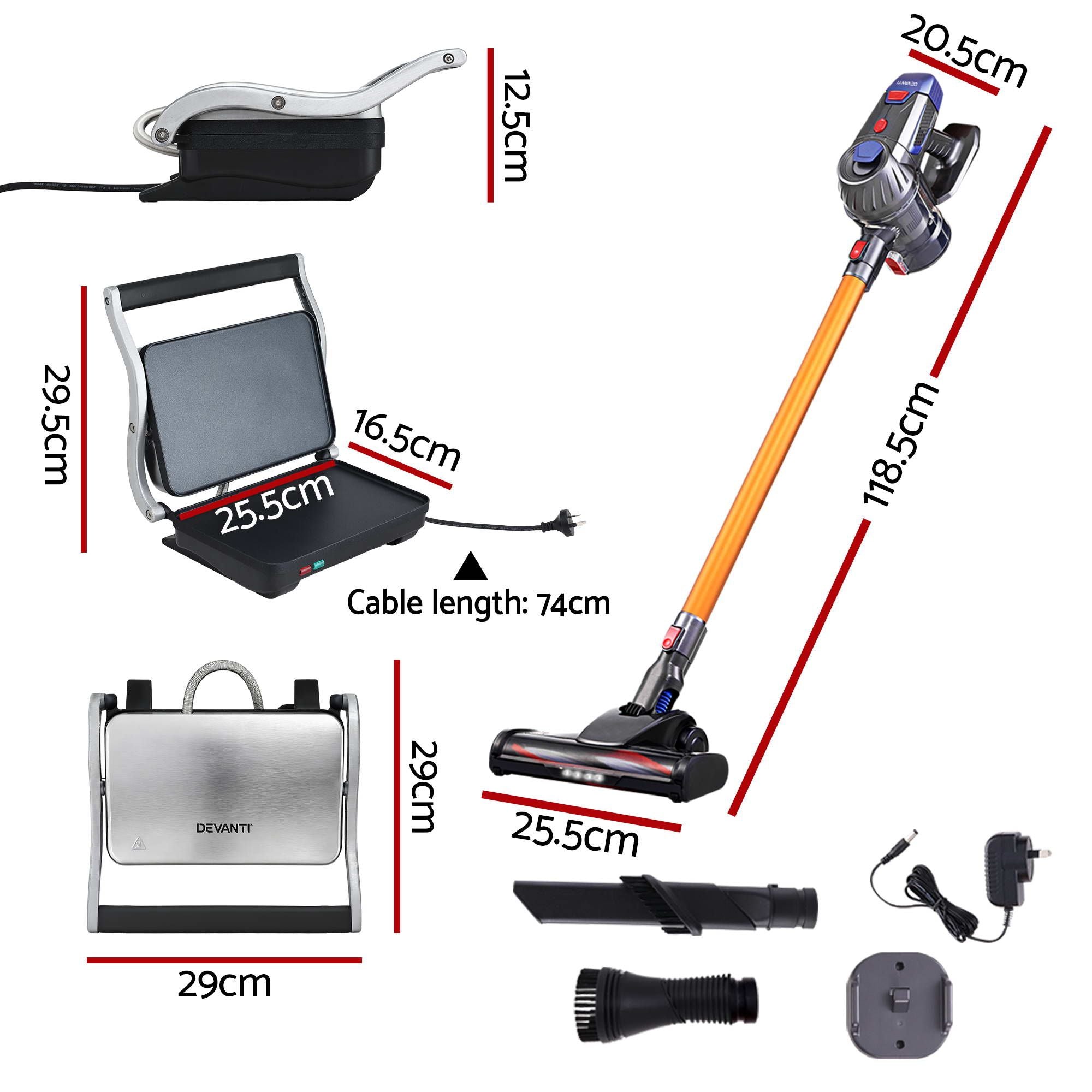 Devanti K7 Cordless Stick Vacuum Cleaner plus Sandwich Maker Panini Press Bedworld
