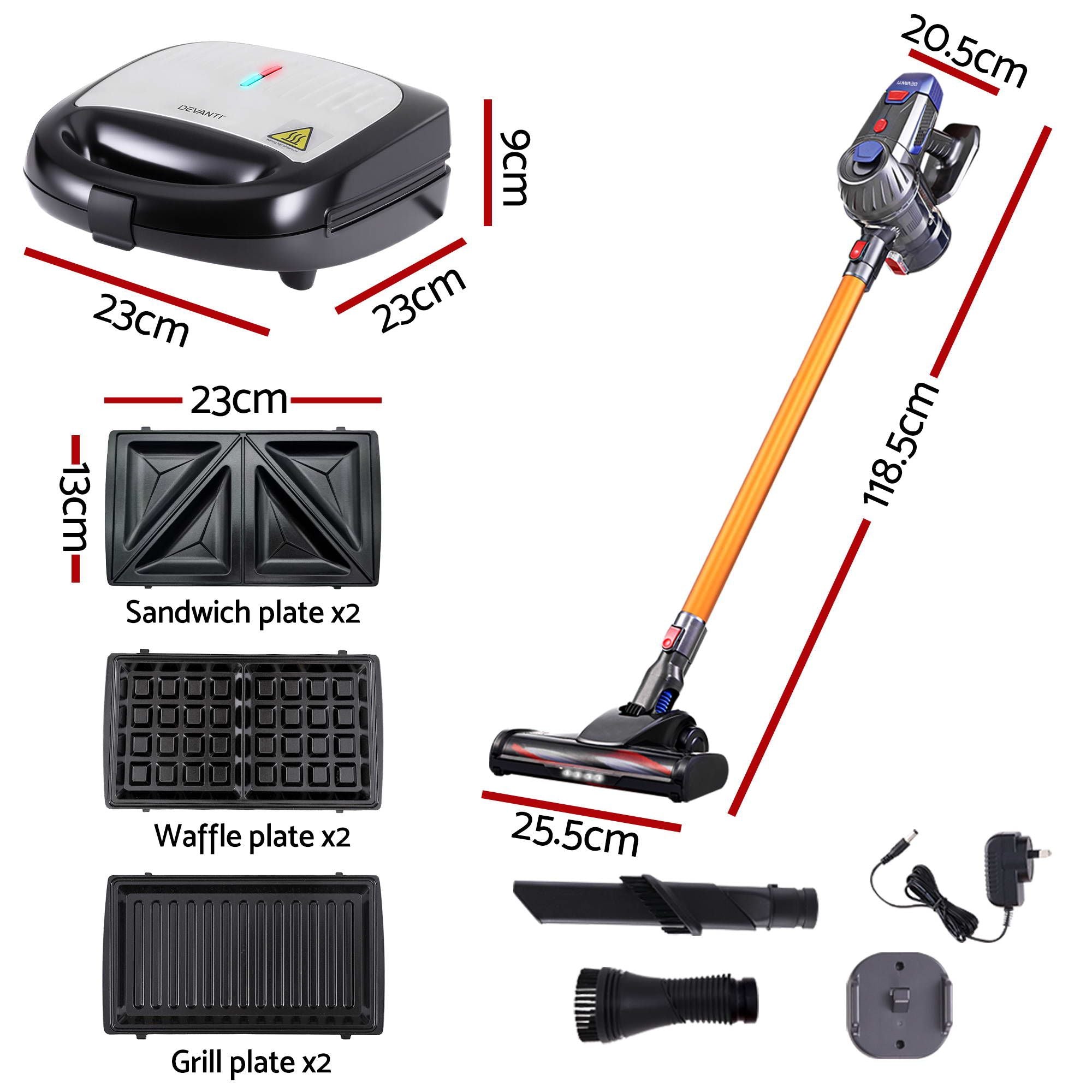 Devanti K7 Cordless Stick Vacuum Cleaner plus 3-in-1 Sandwich Maker Bedworld