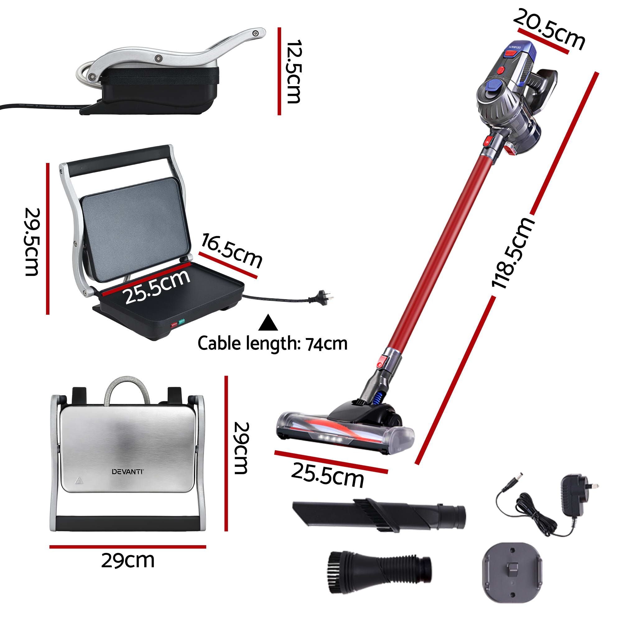 Devanti K7 Cordless Stick Vacuum Cleaner plus Sandwich Maker Panini Press Bedworld