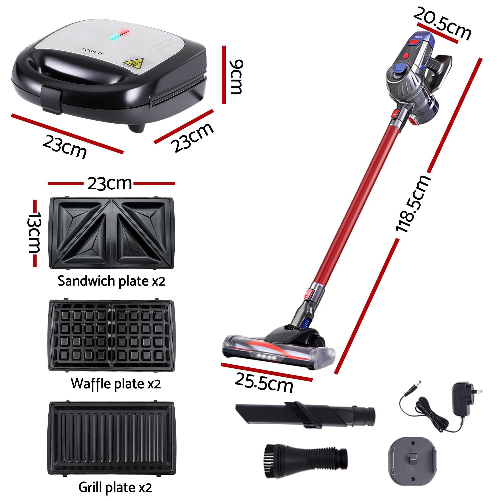 Devanti K7 Cordless Stick Vacuum Cleaner plus 3-in-1 Sandwich Maker Bedworld