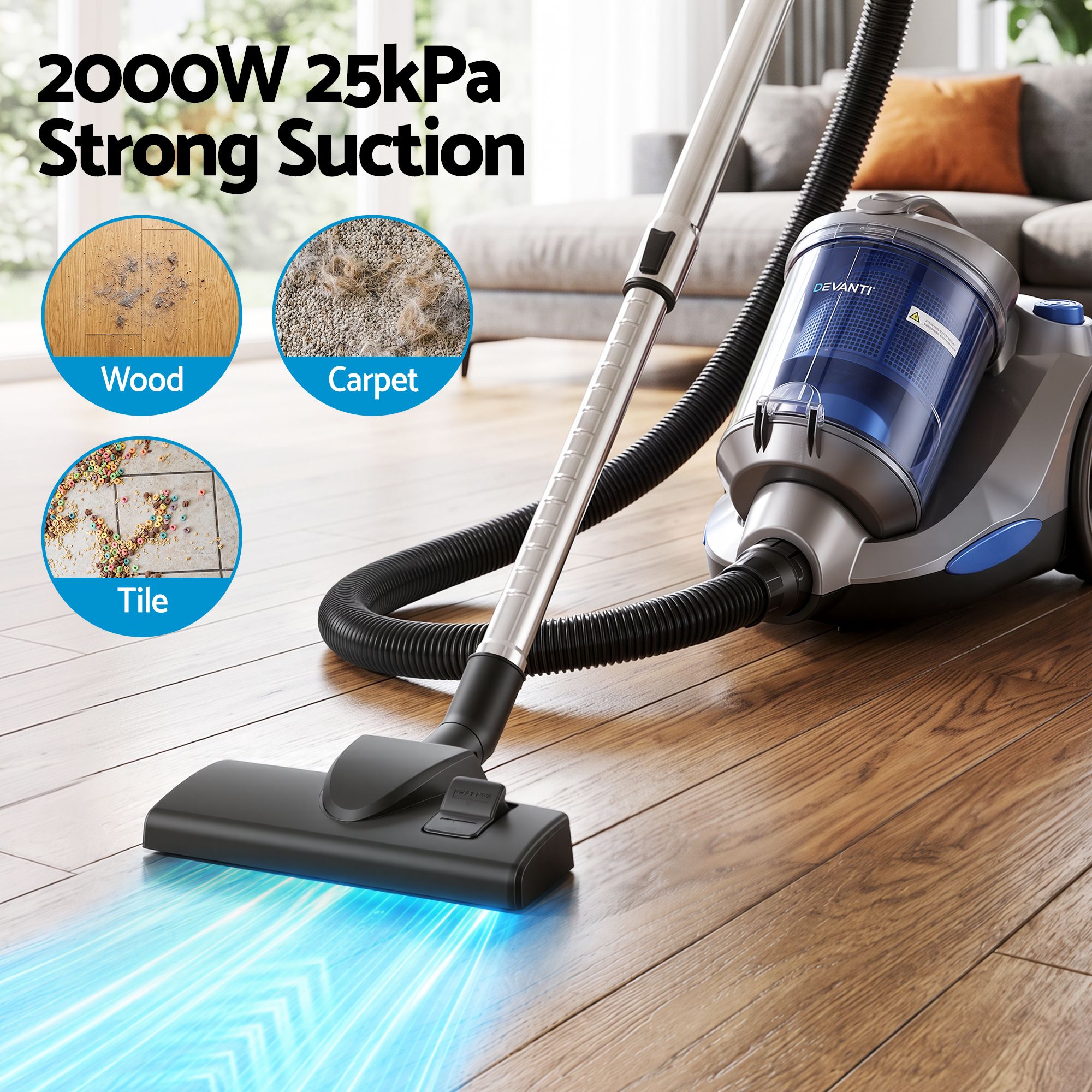 Devanti Vacuum Cleaner Bagless Canister 2000W 25kPa Powerful Suction 4L Bedworld