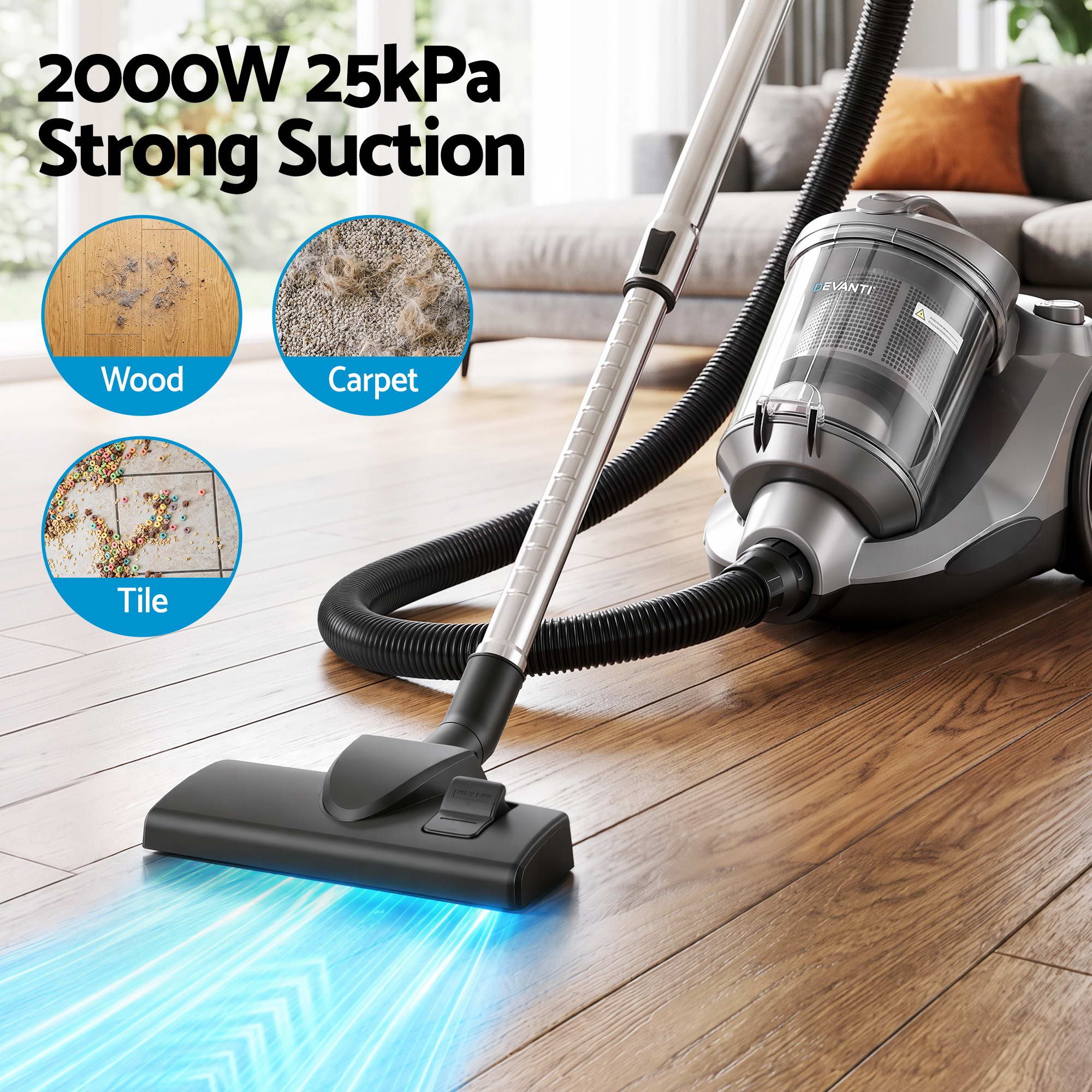 Devanti Vacuum Cleaner Bagless Canister 2000W 25kPa Powerful Suction 4L Bedworld