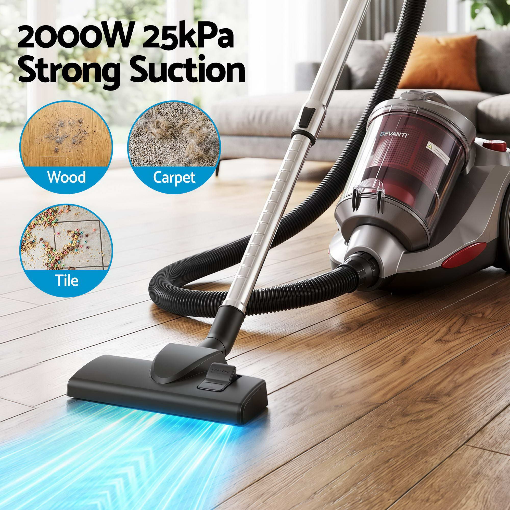 Devanti Vacuum Cleaner Bagless Canister 2000W 25kPa Powerful Suction 4L Bedworld