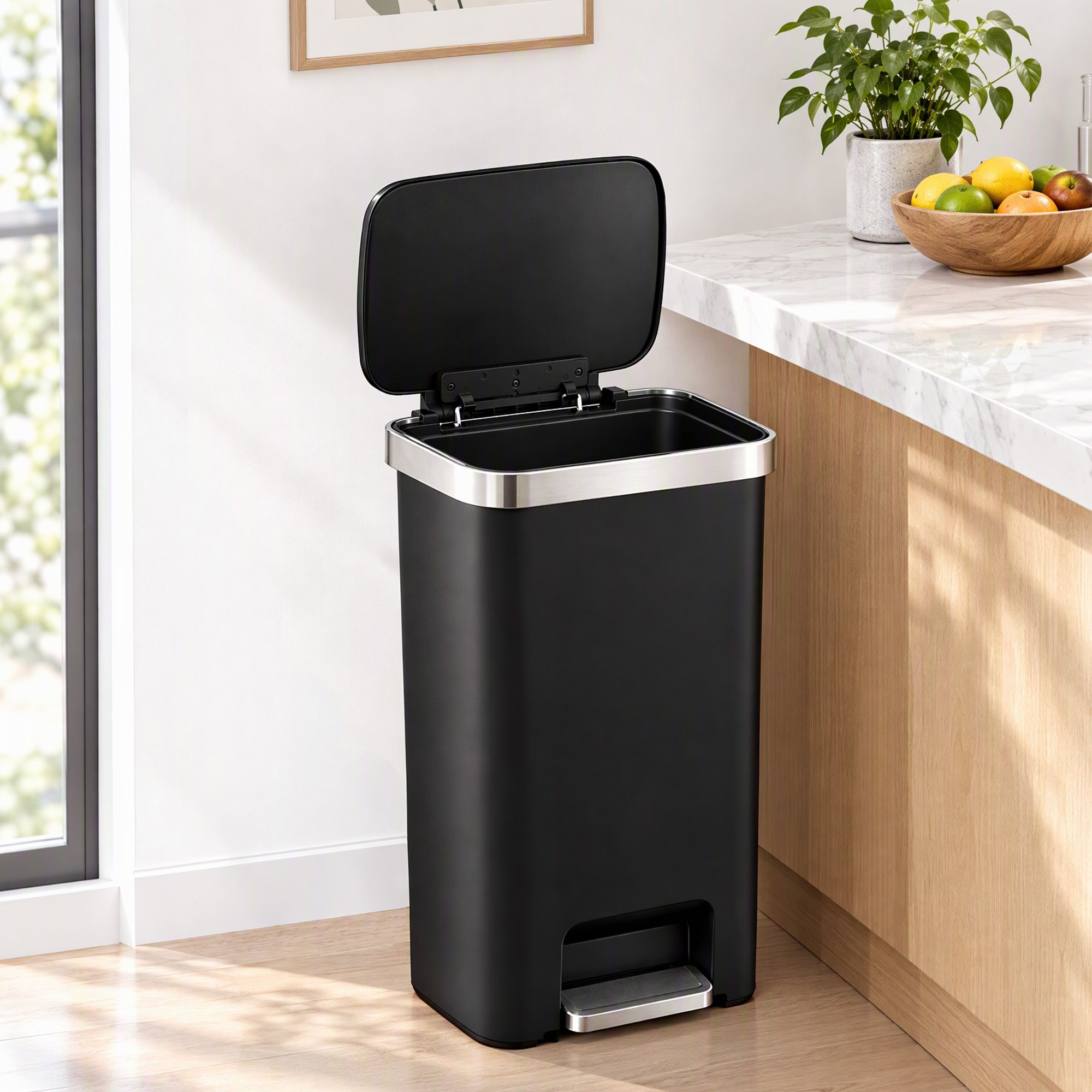 Artiss Rubbish Bin 51L Kitchen Pedal Soft Close Lid Liner Pocket Black Bedworld