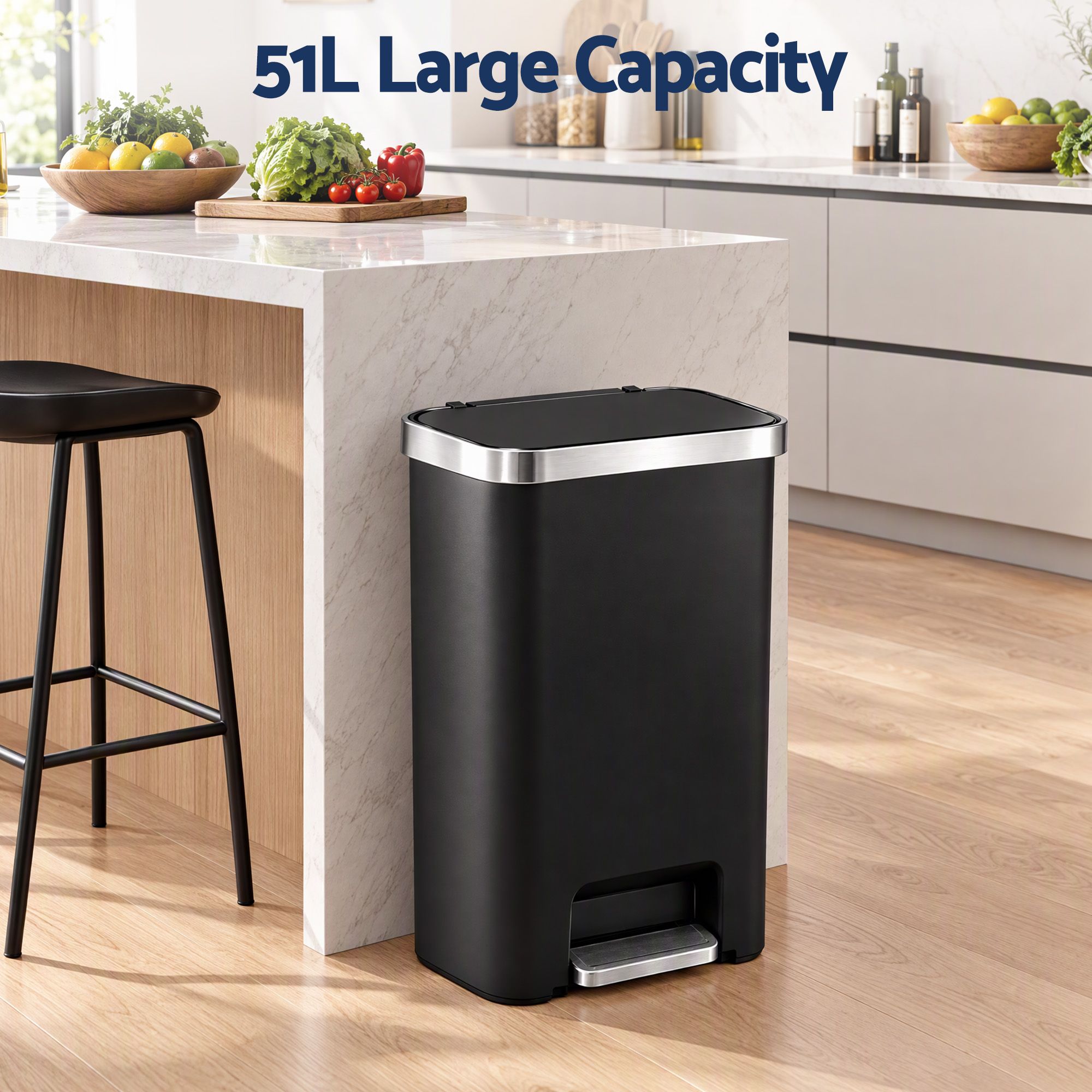 Artiss Rubbish Bin 51L Kitchen Pedal Soft Close Lid Liner Pocket Black Bedworld