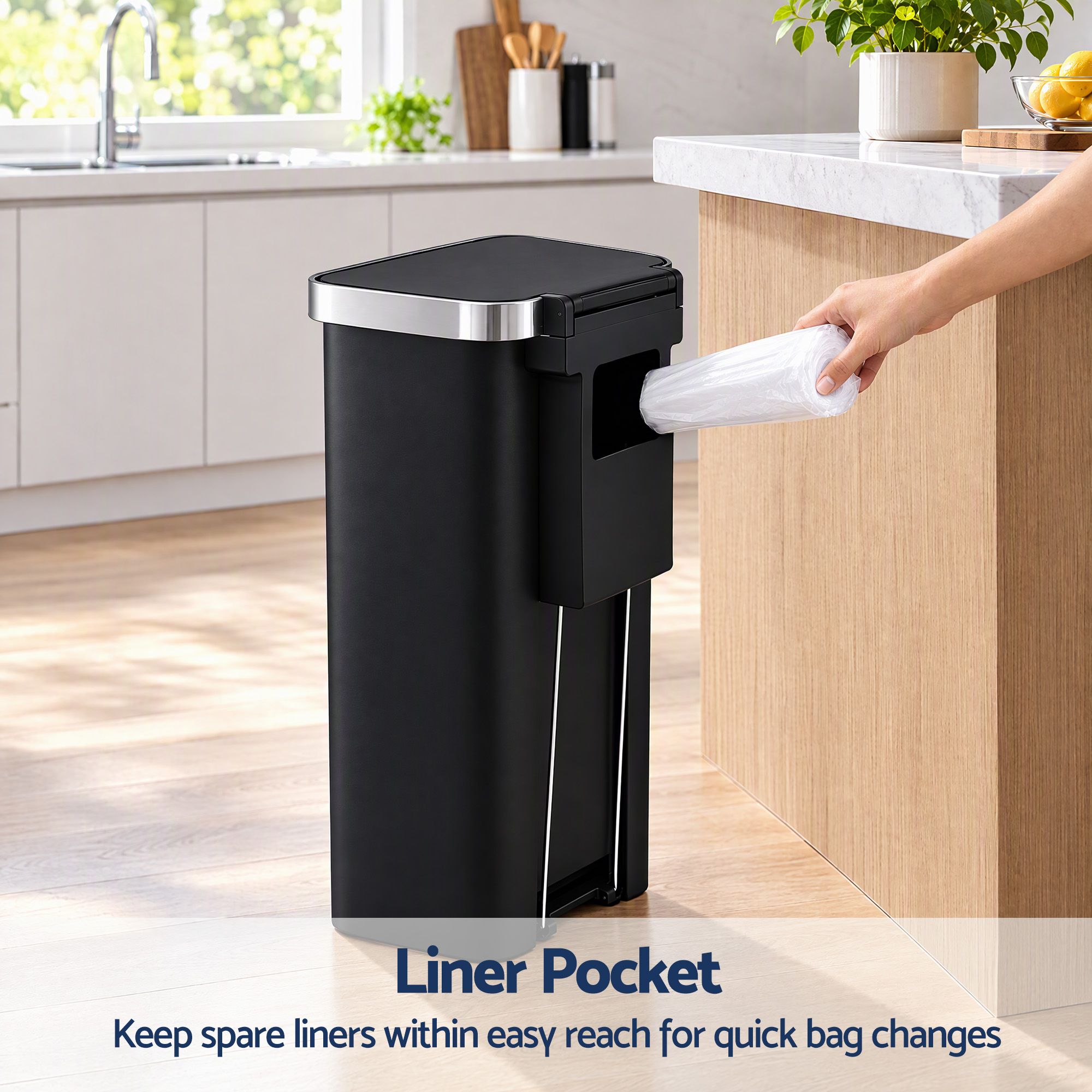 Artiss Rubbish Bin 51L Kitchen Pedal Soft Close Lid Liner Pocket Black Bedworld
