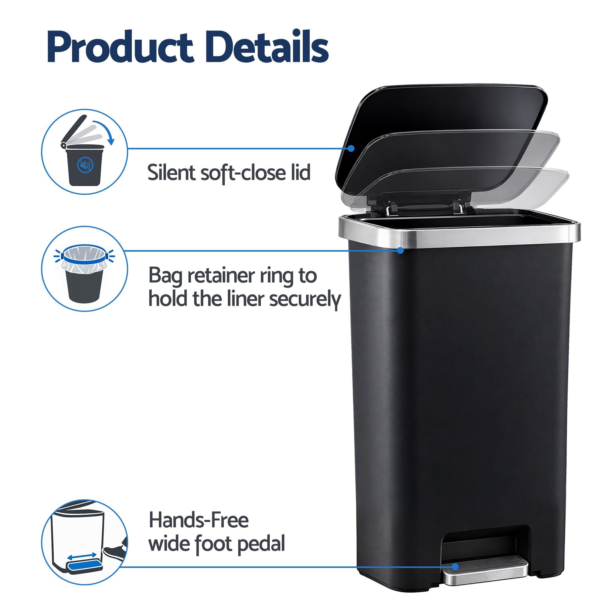 Artiss Rubbish Bin 51L Kitchen Pedal Soft Close Lid Liner Pocket Black Bedworld
