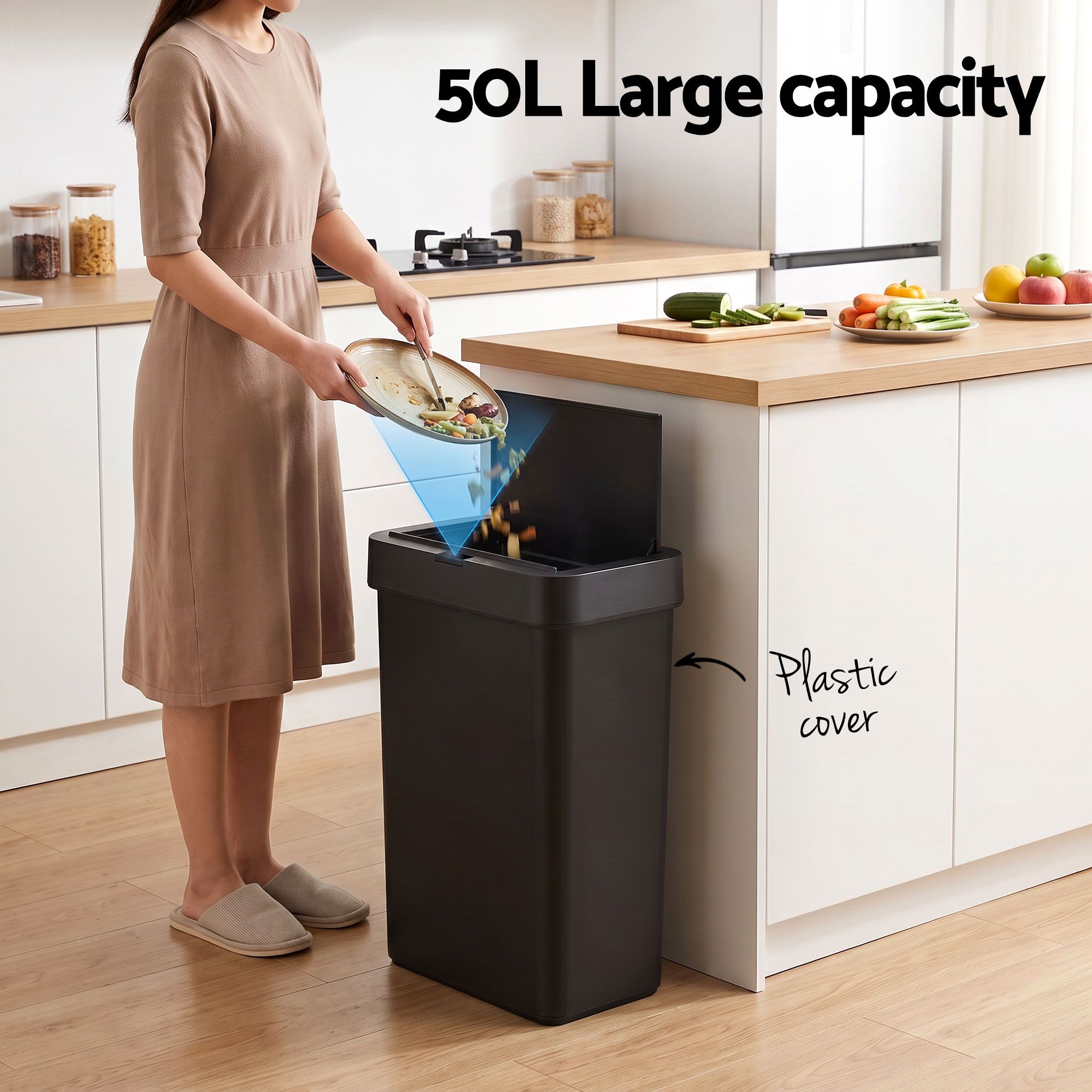 Artiss Rubbish Bin 50L Sensor Kitchen Automatic Motion Plastic Touchless Black Bedworld