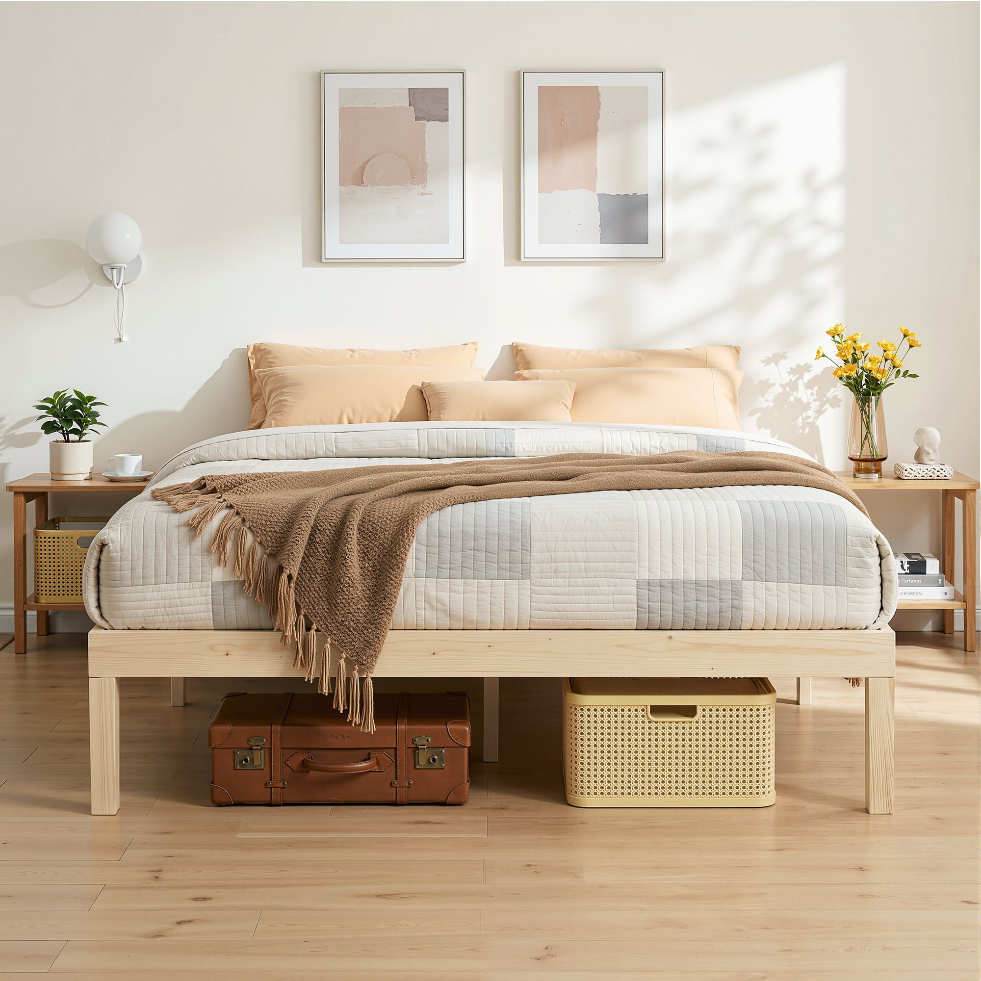Wooden queen bed frame with slatted mattress platform and light pine finish, rounded corners