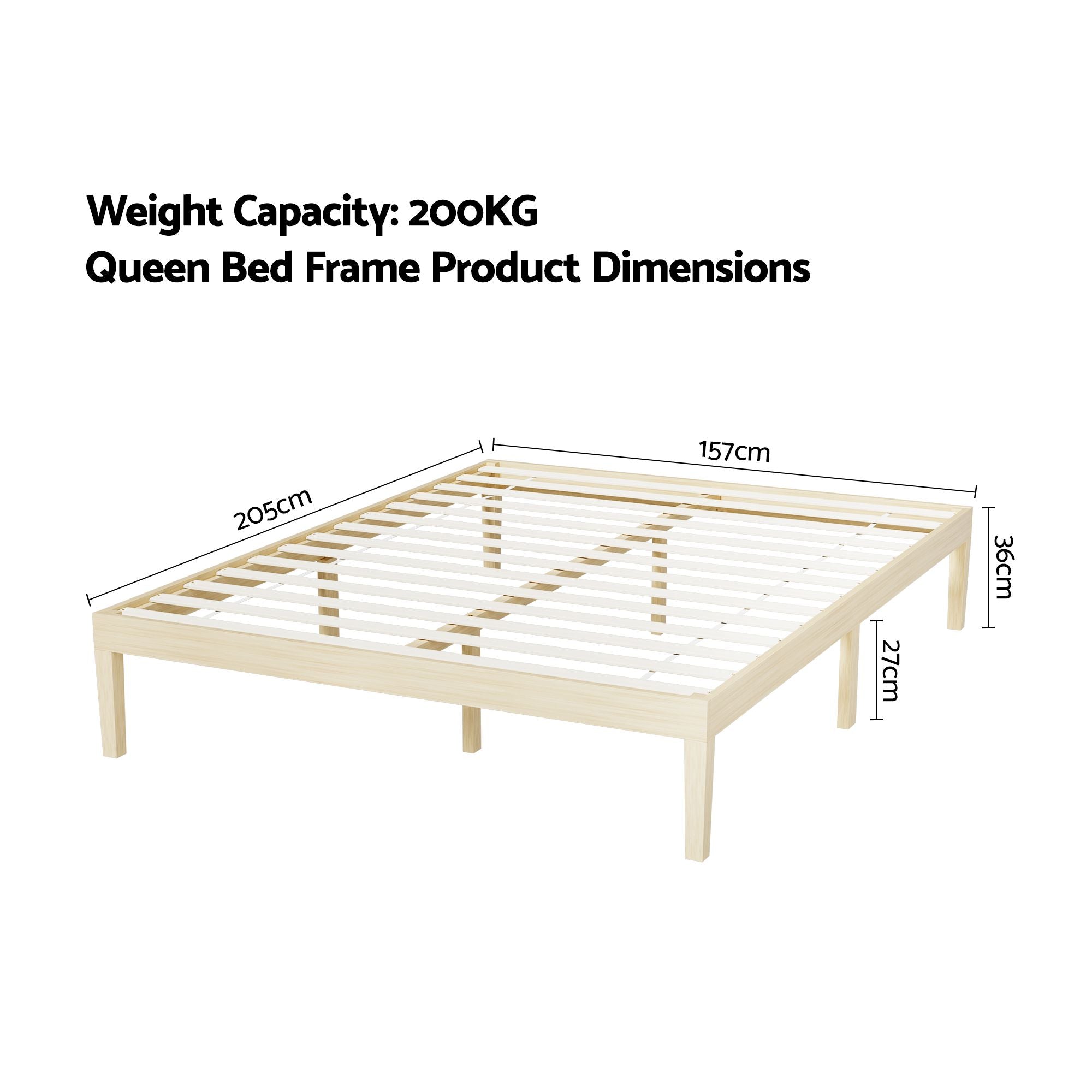 Queen bed frame dimensions diagram with 200kg weight capacity, slatted platform view