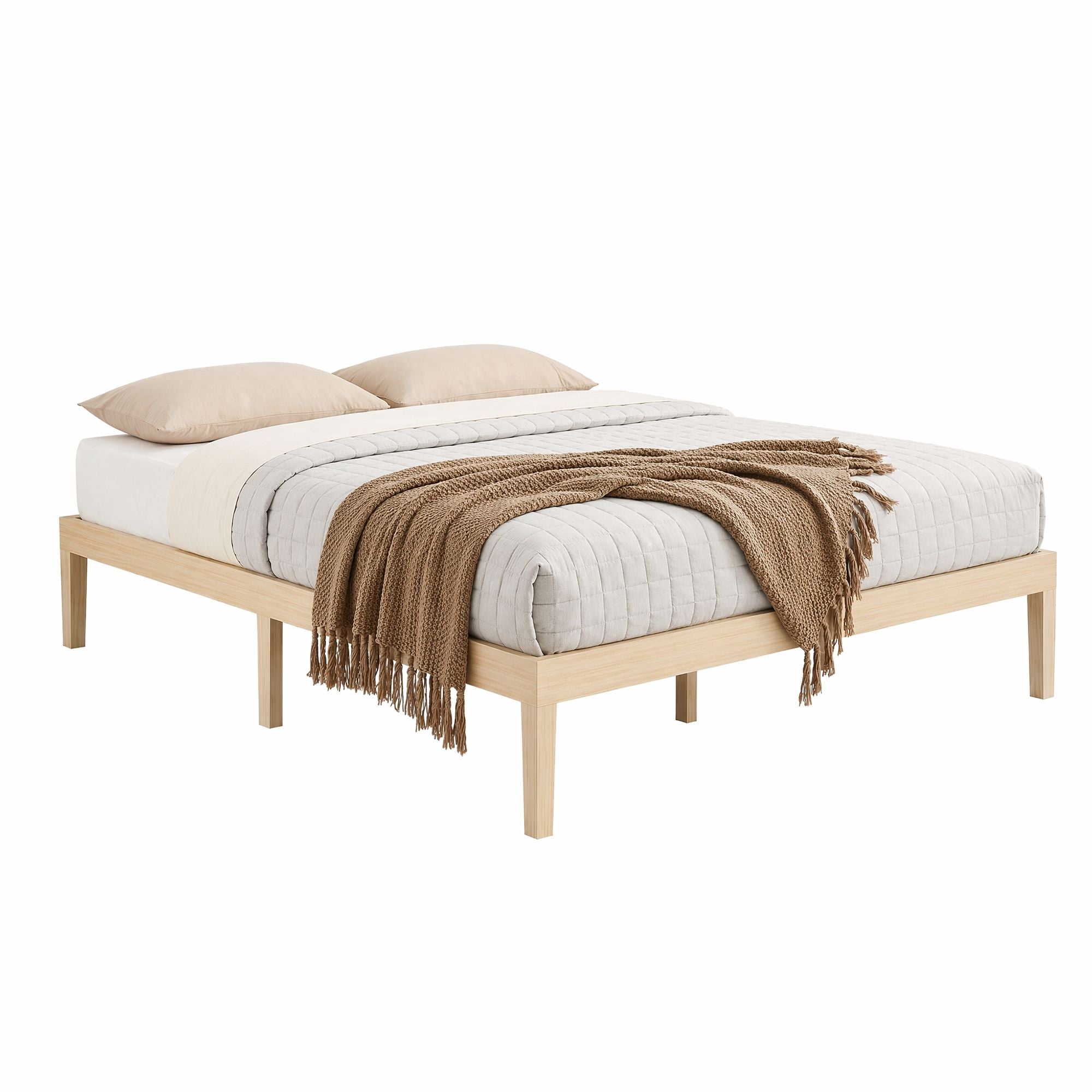 Pine queen bed frame with slatted mattress base and light bedding with fringe throw