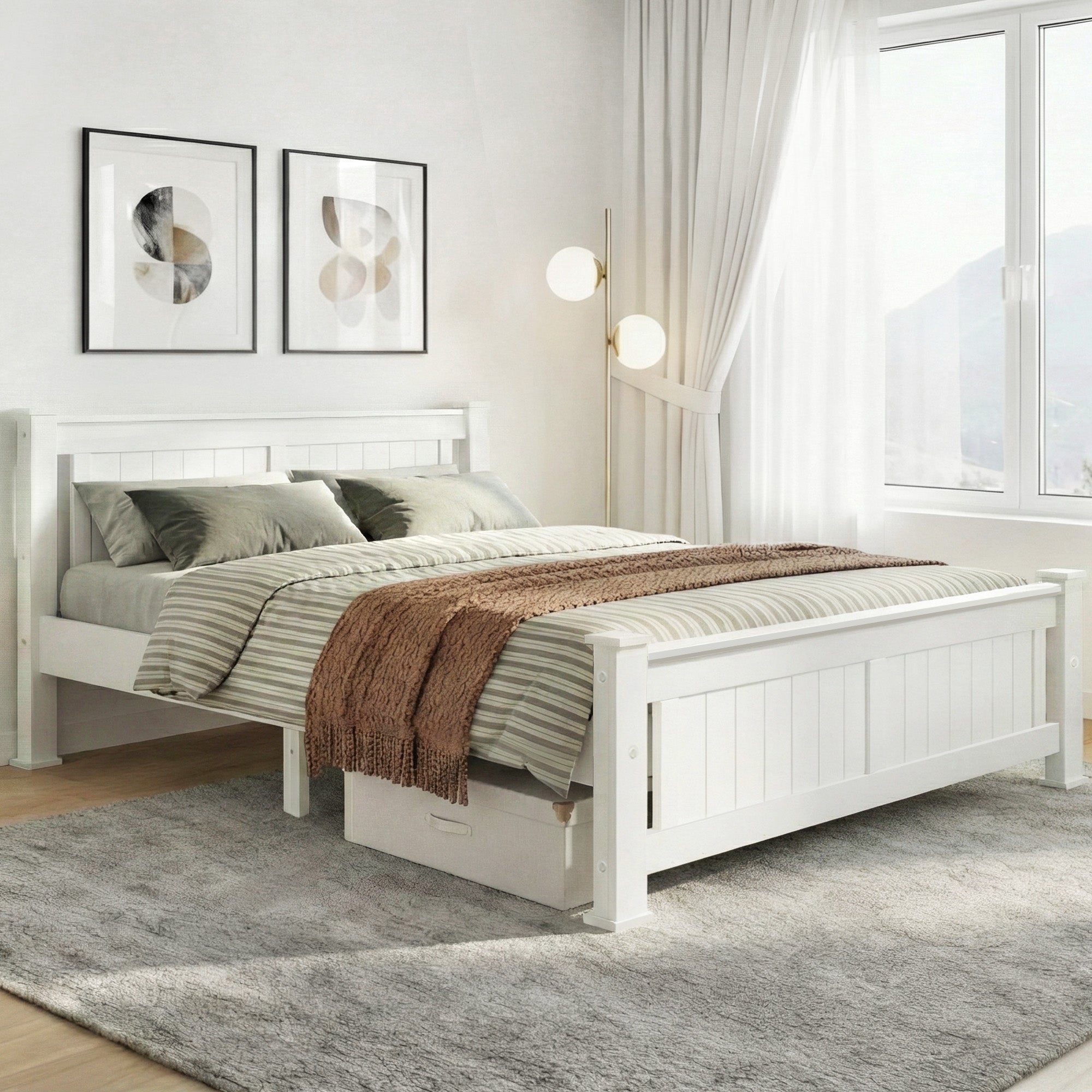 White wooden double bed frame with paneled headboard, footboard, and slatted base