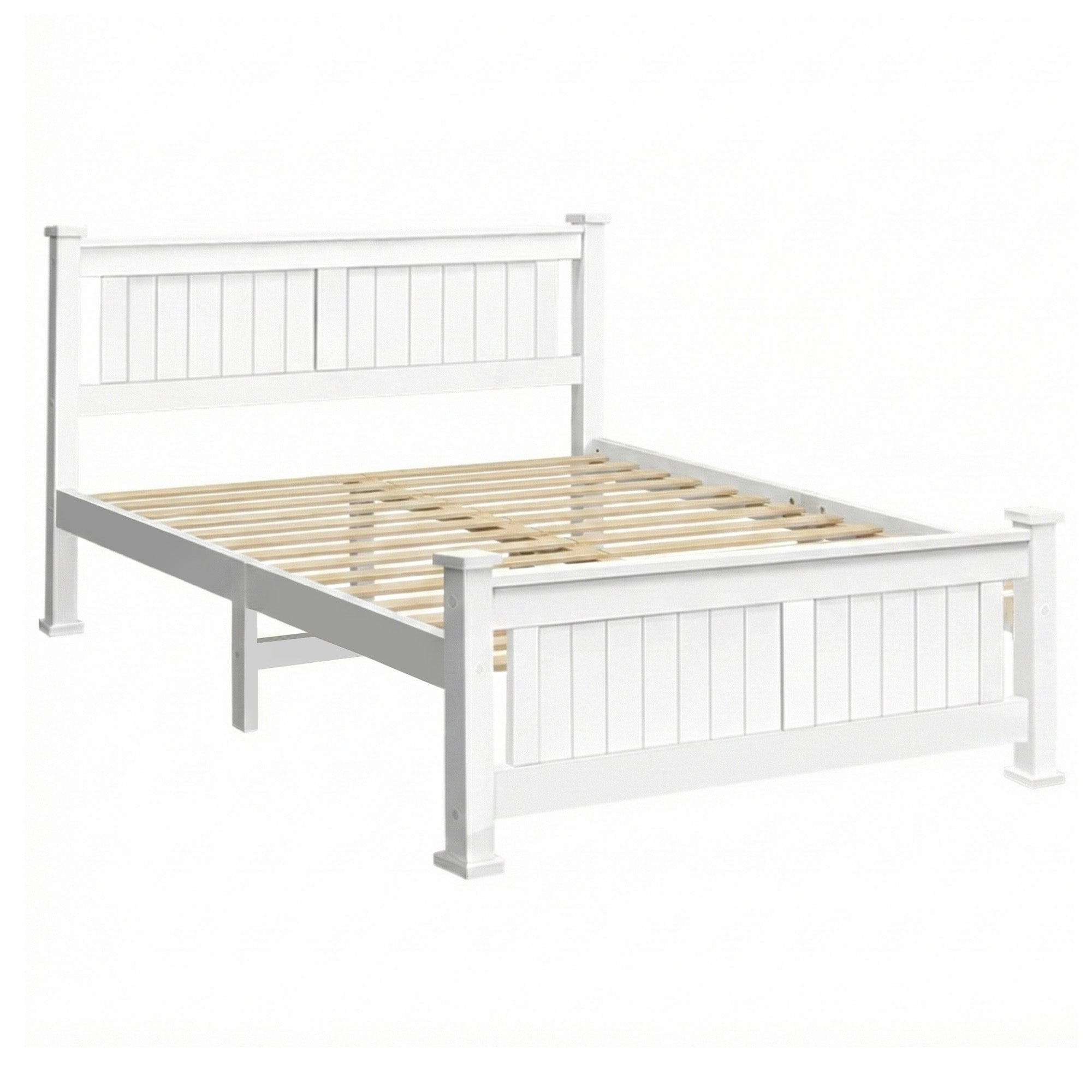 White wooden double bed frame with slatted platform, vertical panels, and low posts