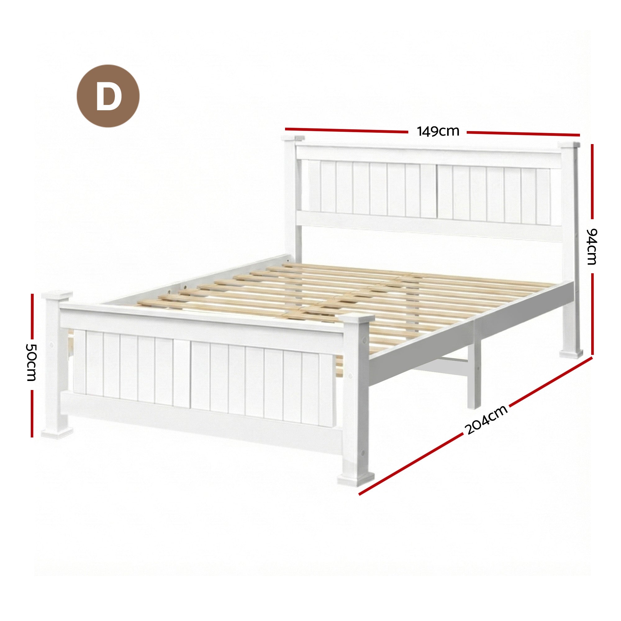 White wooden double bed frame with slatted base and paneled headboard