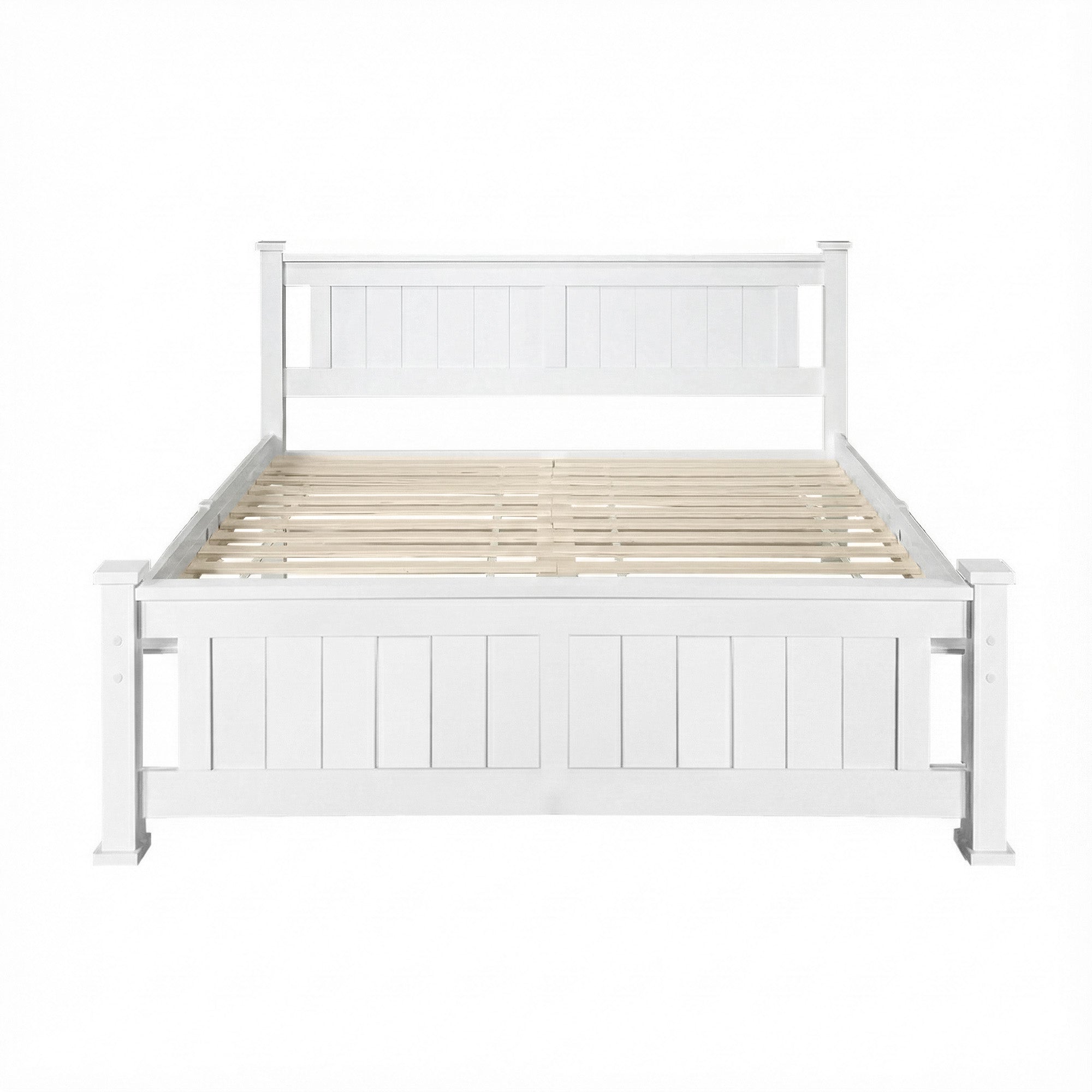 White wooden double bed frame with paneled headboard and slatted platform