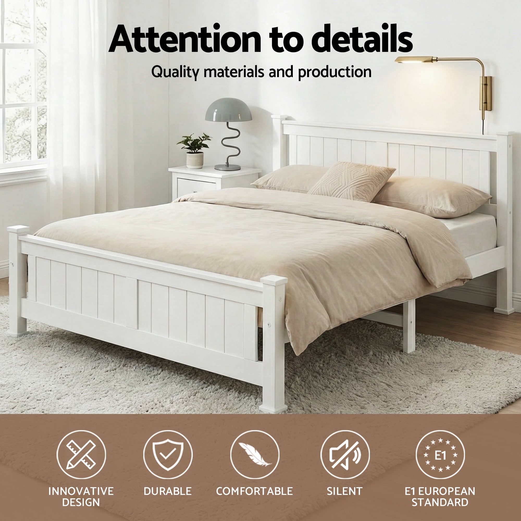 White wooden double bed frame with paneled sides and slatted mattress base