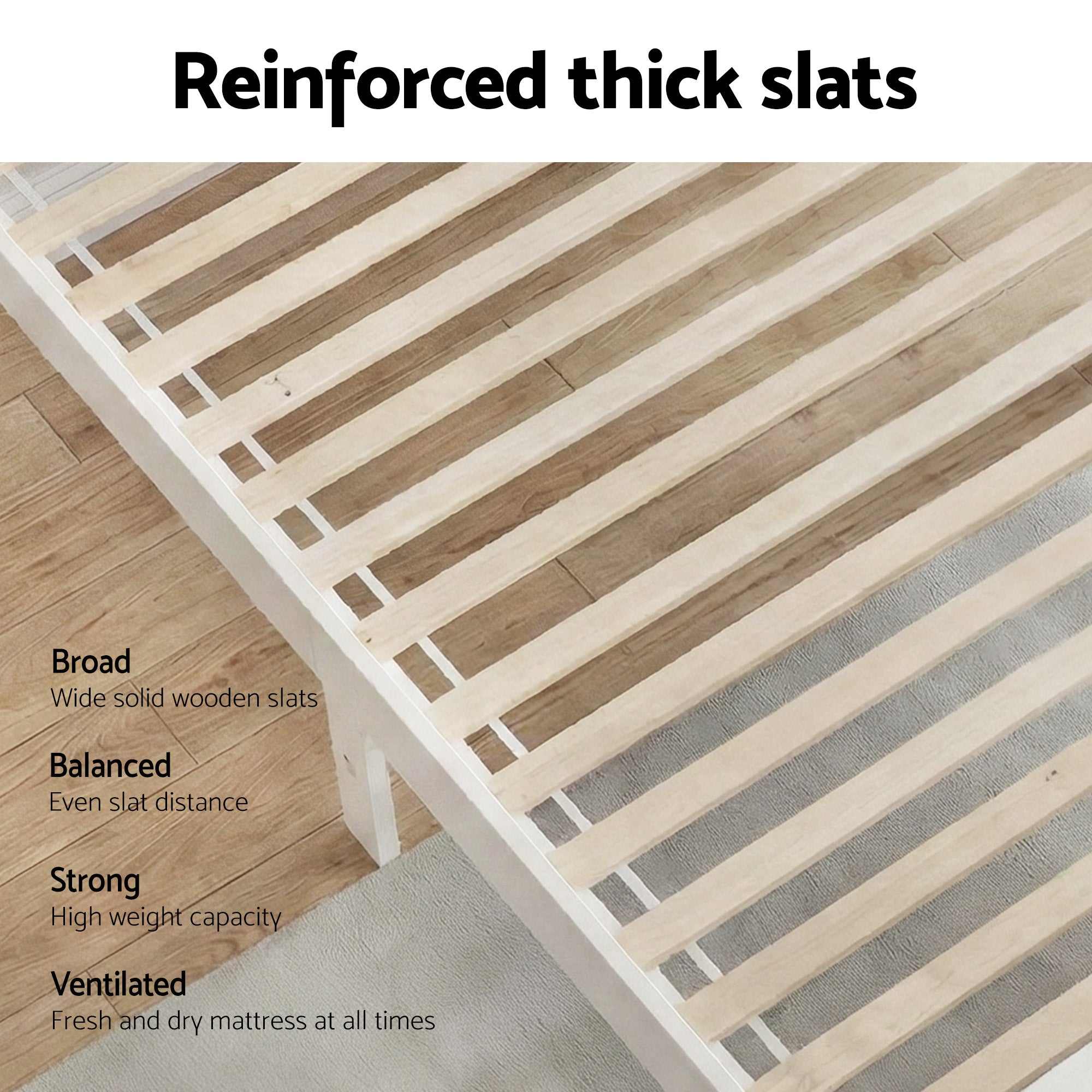 White wooden slatted bed base with thick reinforced slats