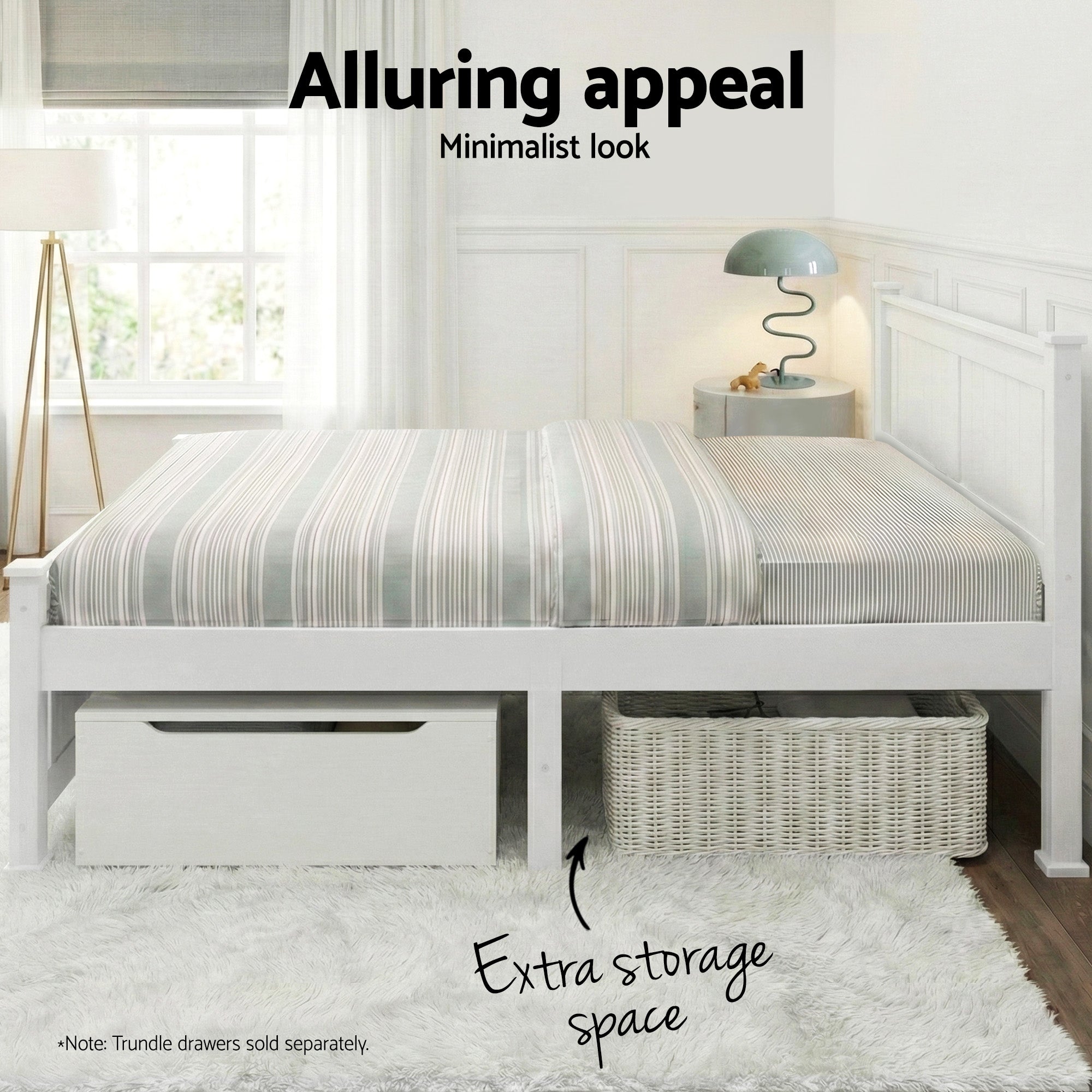 White wooden double bed frame with paneled headboard and slatted base