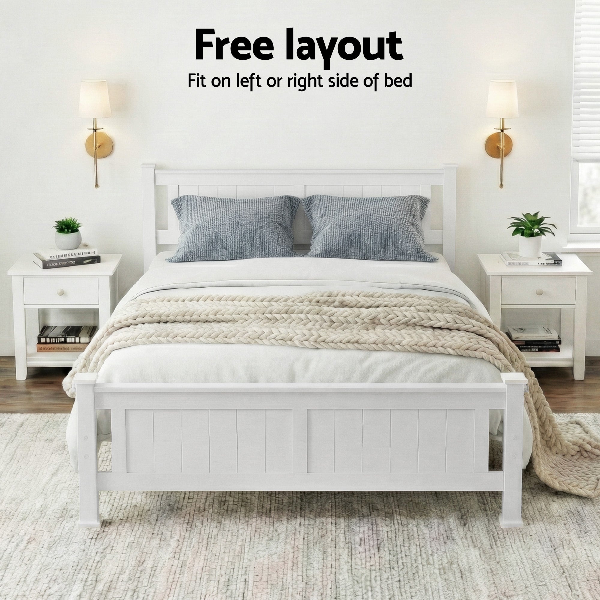 White wooden double bed frame with paneled headboard, posts, and slatted platform