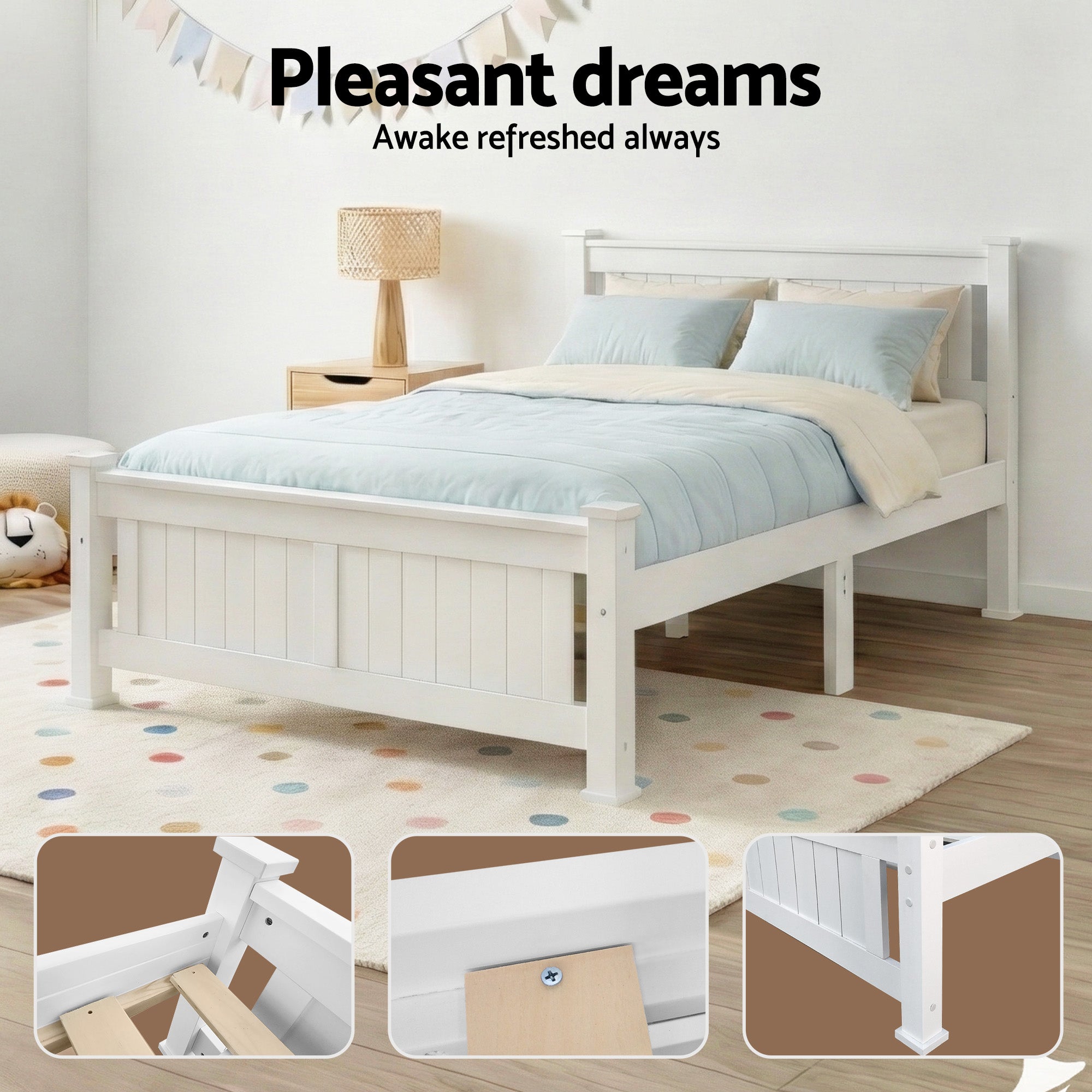 White wooden double bed frame with under-bed storage drawers and slatted base