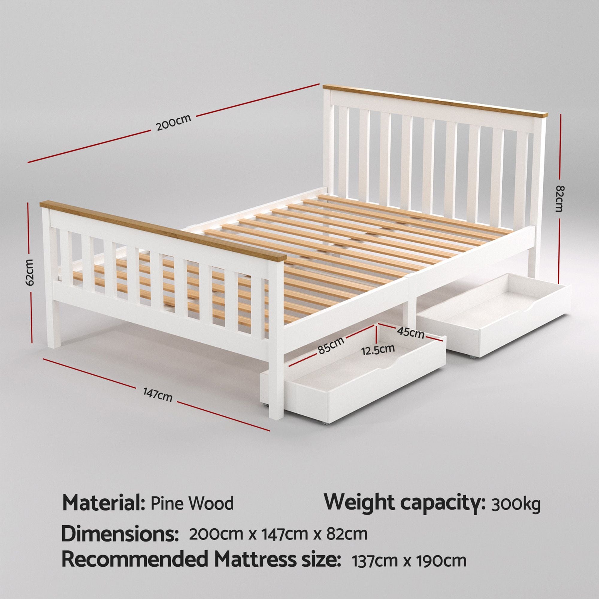Artiss Bed Frame Double Size Wooden Platform with 2 Storage Drawers White PONY
