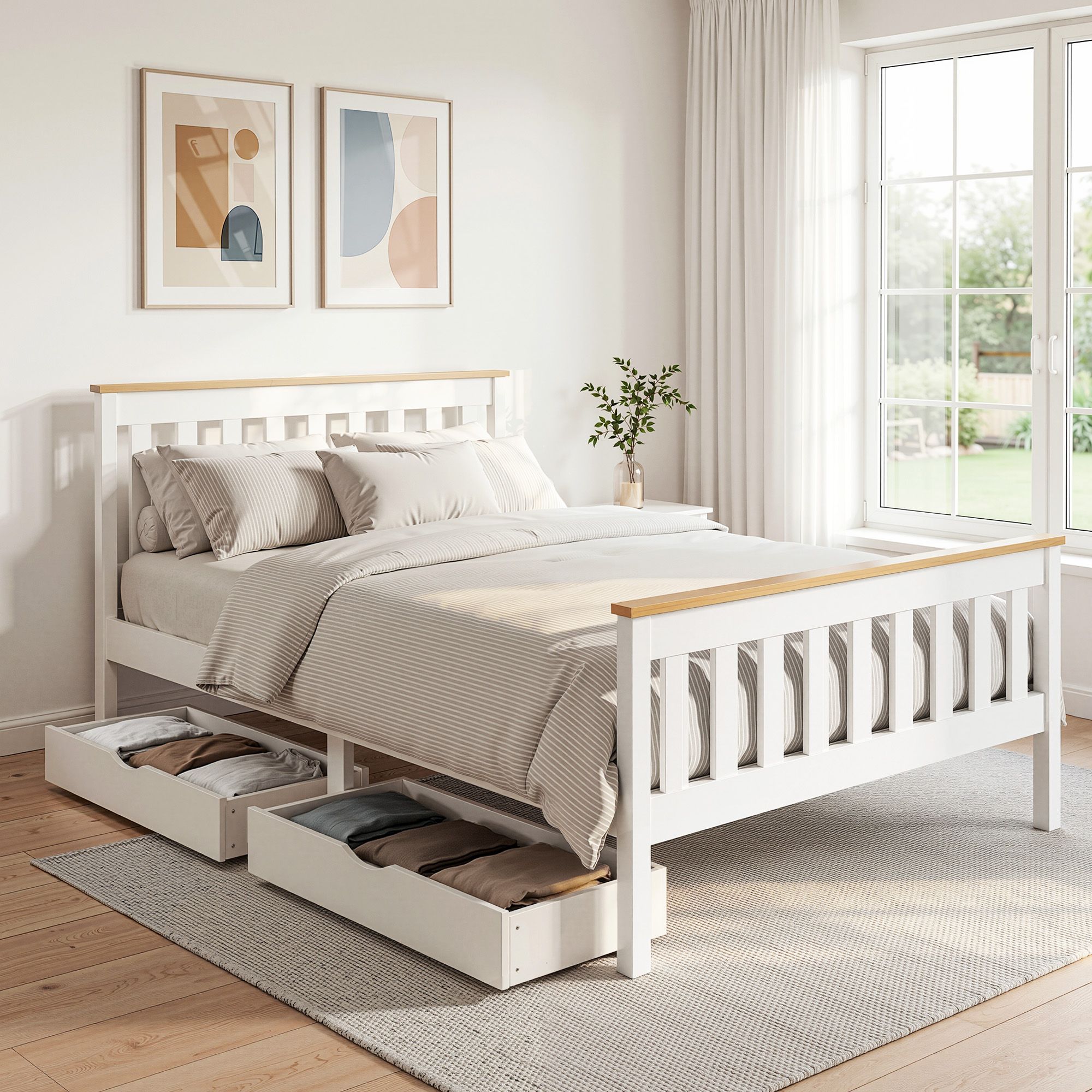 Artiss Bed Frame Double Size Wooden Platform with 2 Storage Drawers White PONY