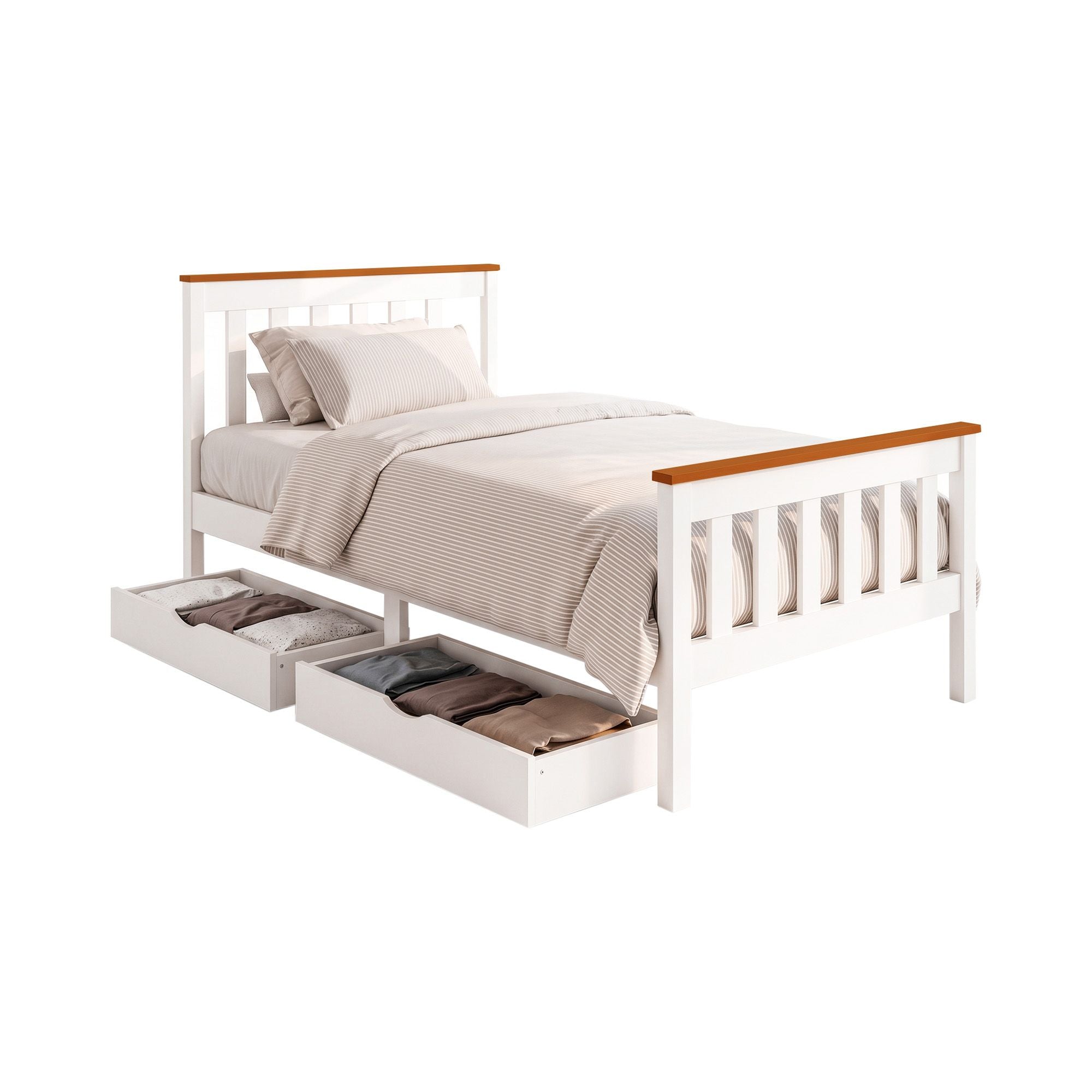 Artiss Bed Frame Single Size Wooden Platform with 2 Storage Drawers White PONY Bedworld