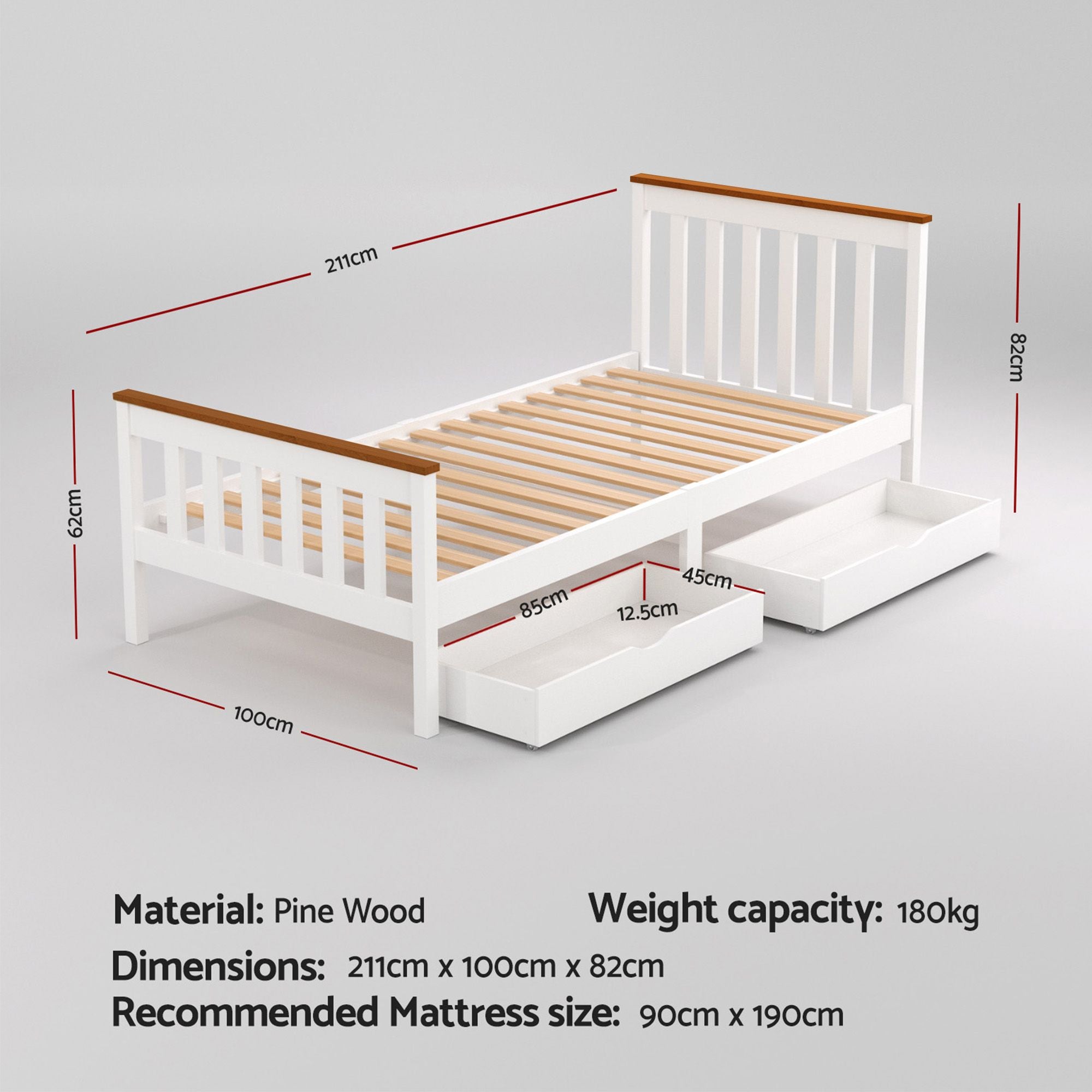 Artiss Bed Frame Single Size Wooden Platform with 2 Storage Drawers White PONY Bedworld