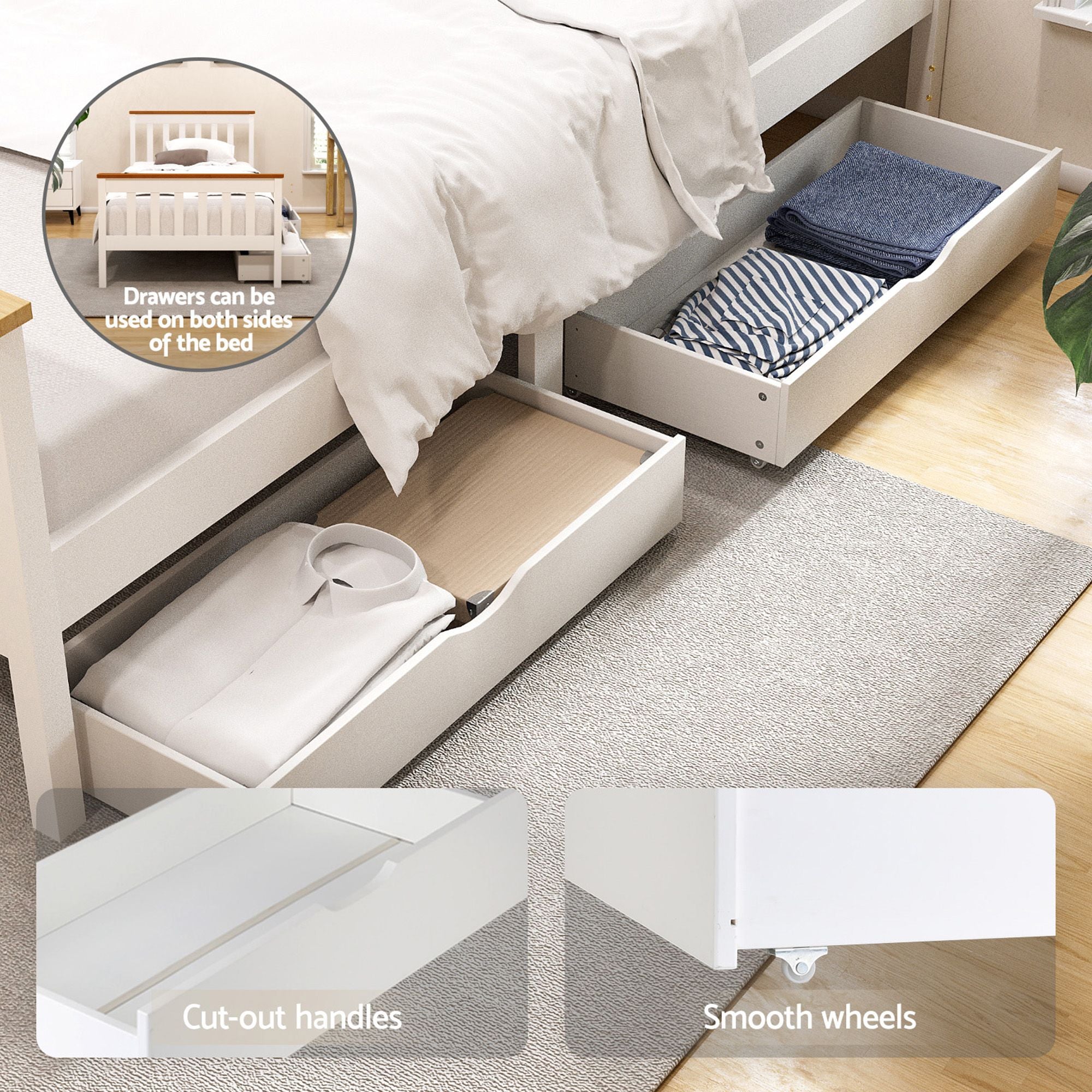 Artiss Bed Frame Single Size Wooden Platform with 2 Storage Drawers White PONY Bedworld