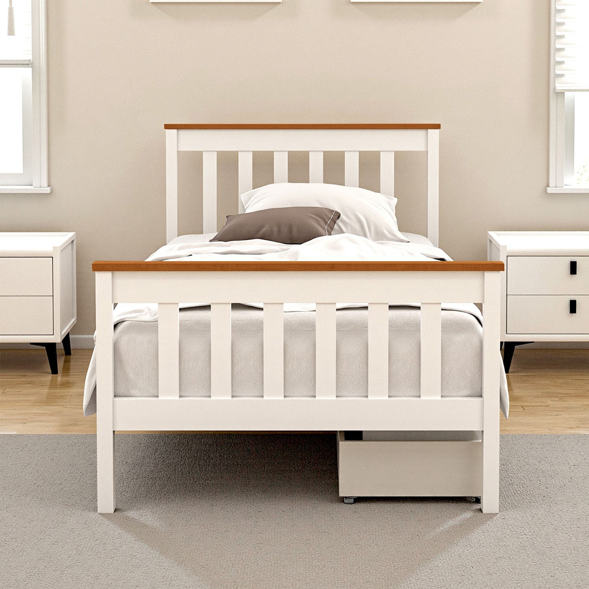 Artiss Bed Frame Single Size Wooden Platform with 2 Storage Drawers White PONY Bedworld