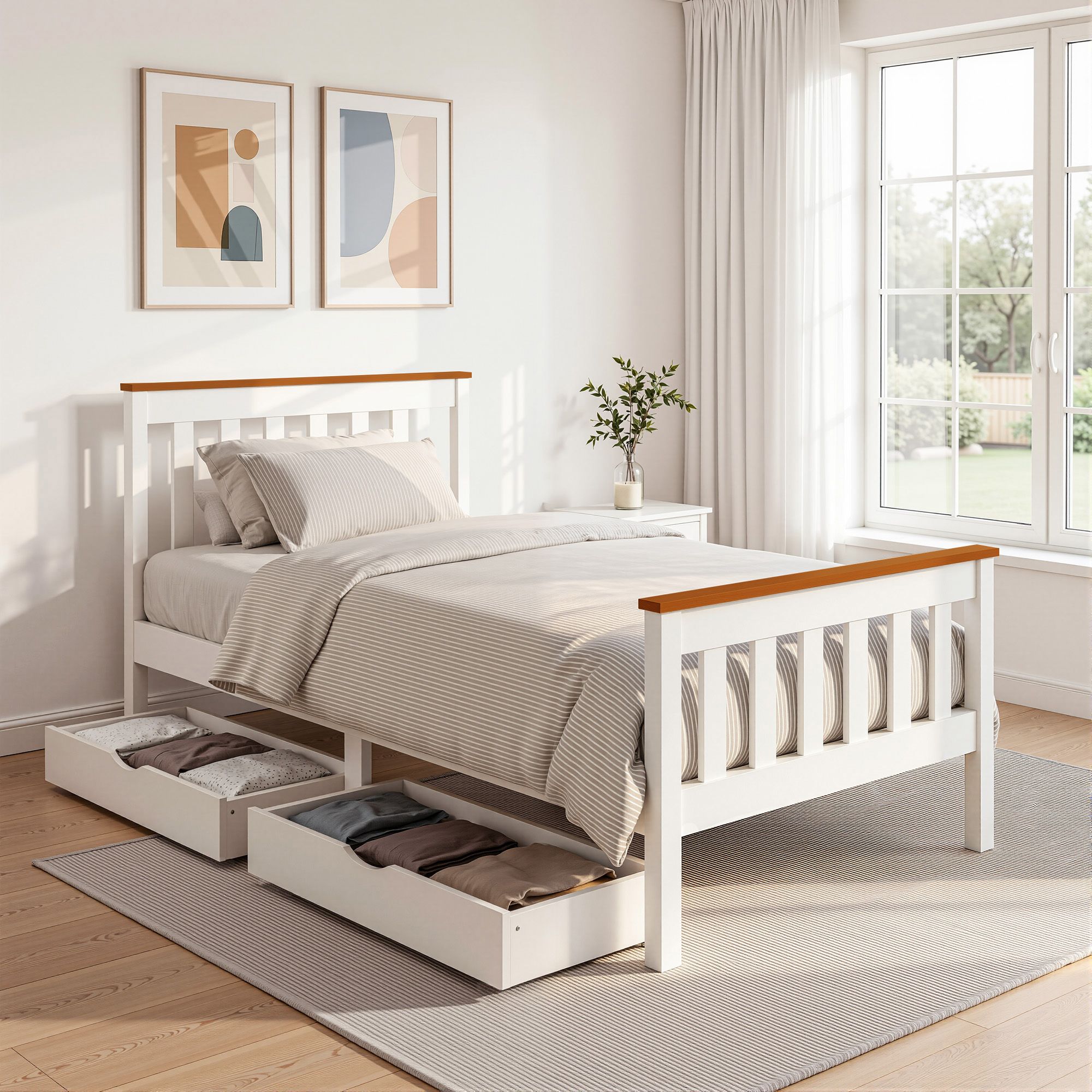 Artiss Bed Frame Single Size Wooden Platform with 2 Storage Drawers White PONY Bedworld