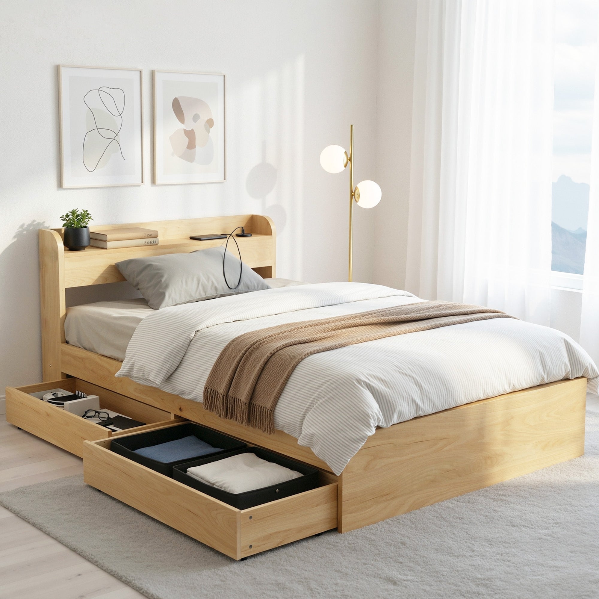 Artiss King Single Bed Frame with 2 Drawers Platform Bed with Headboard Bed Base with USB Ports Natural Bedworld