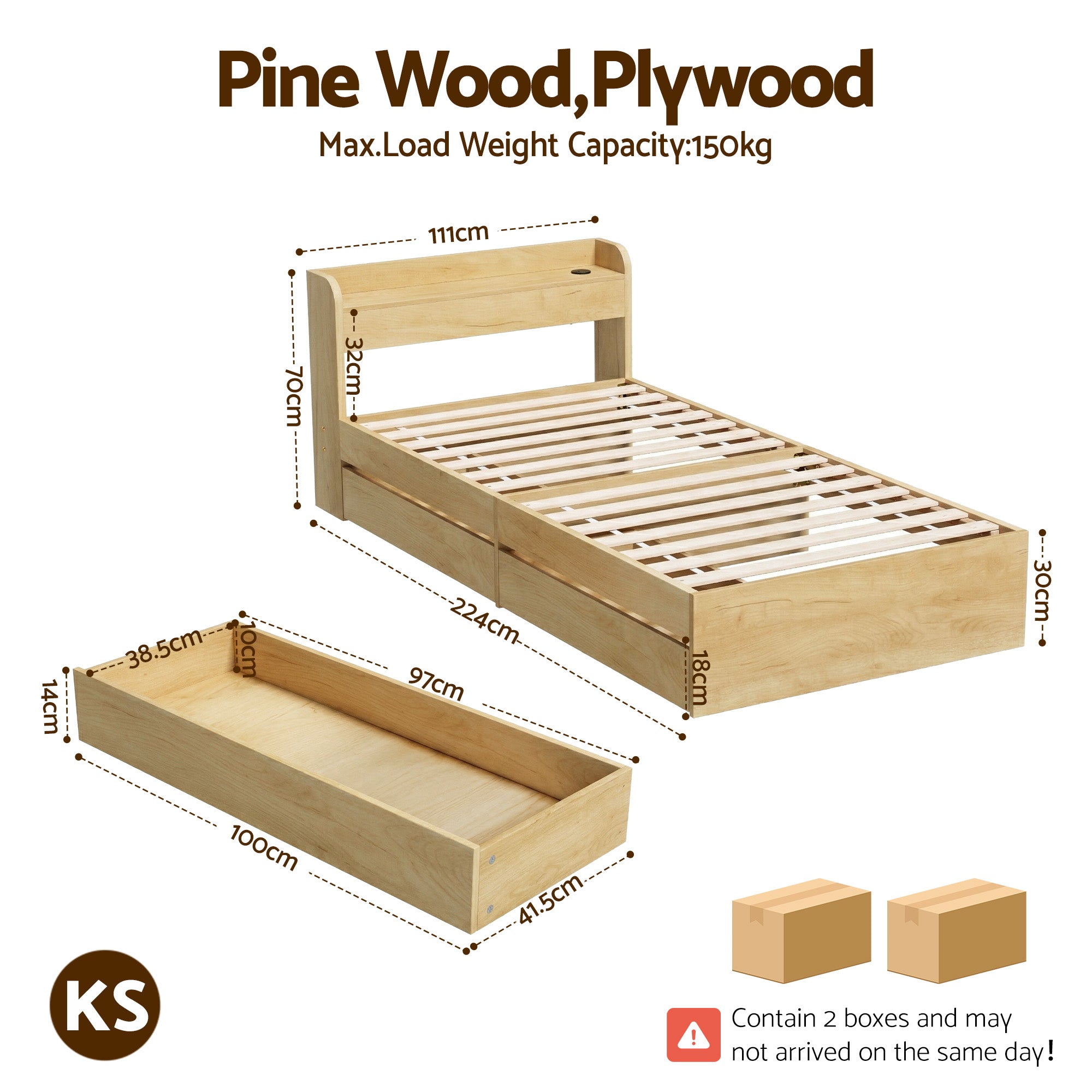 Artiss King Single Bed Frame with 2 Drawers Platform Bed with Headboard Bed Base with USB Ports Natural Bedworld